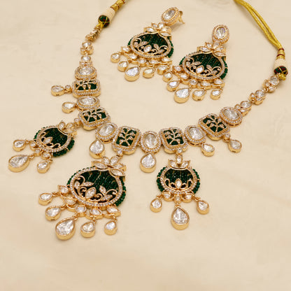Aanura Green Beaded Kundan Necklace & Earrings Set