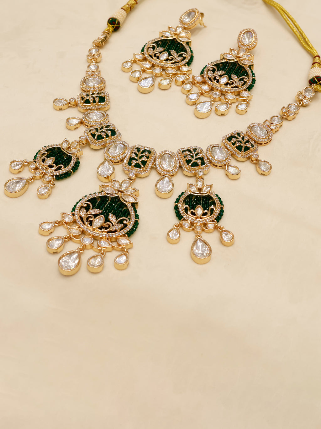 Aanura Green Beaded Kundan Necklace & Earrings Set