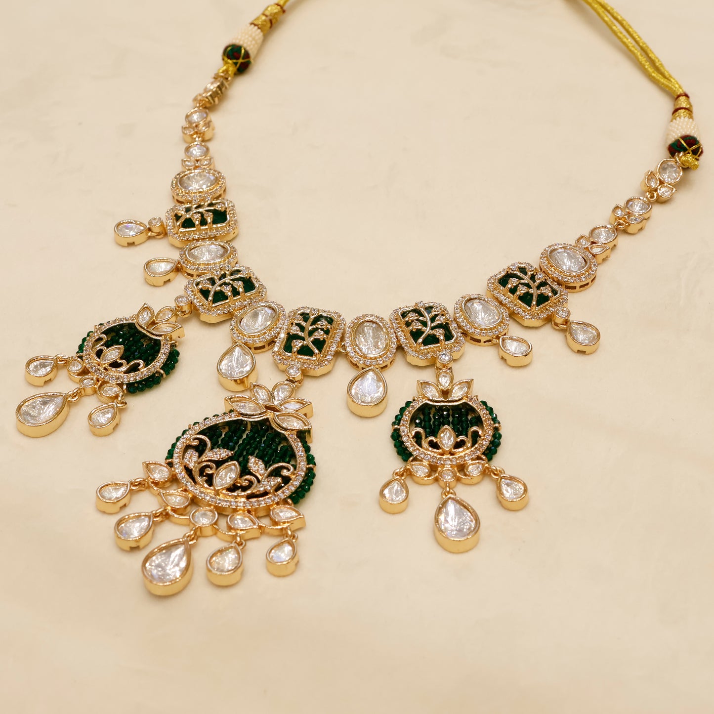 Aanura Green Beaded Kundan Necklace & Earrings Set