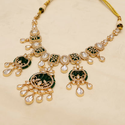 Aanura Green Beaded Kundan Necklace & Earrings Set
