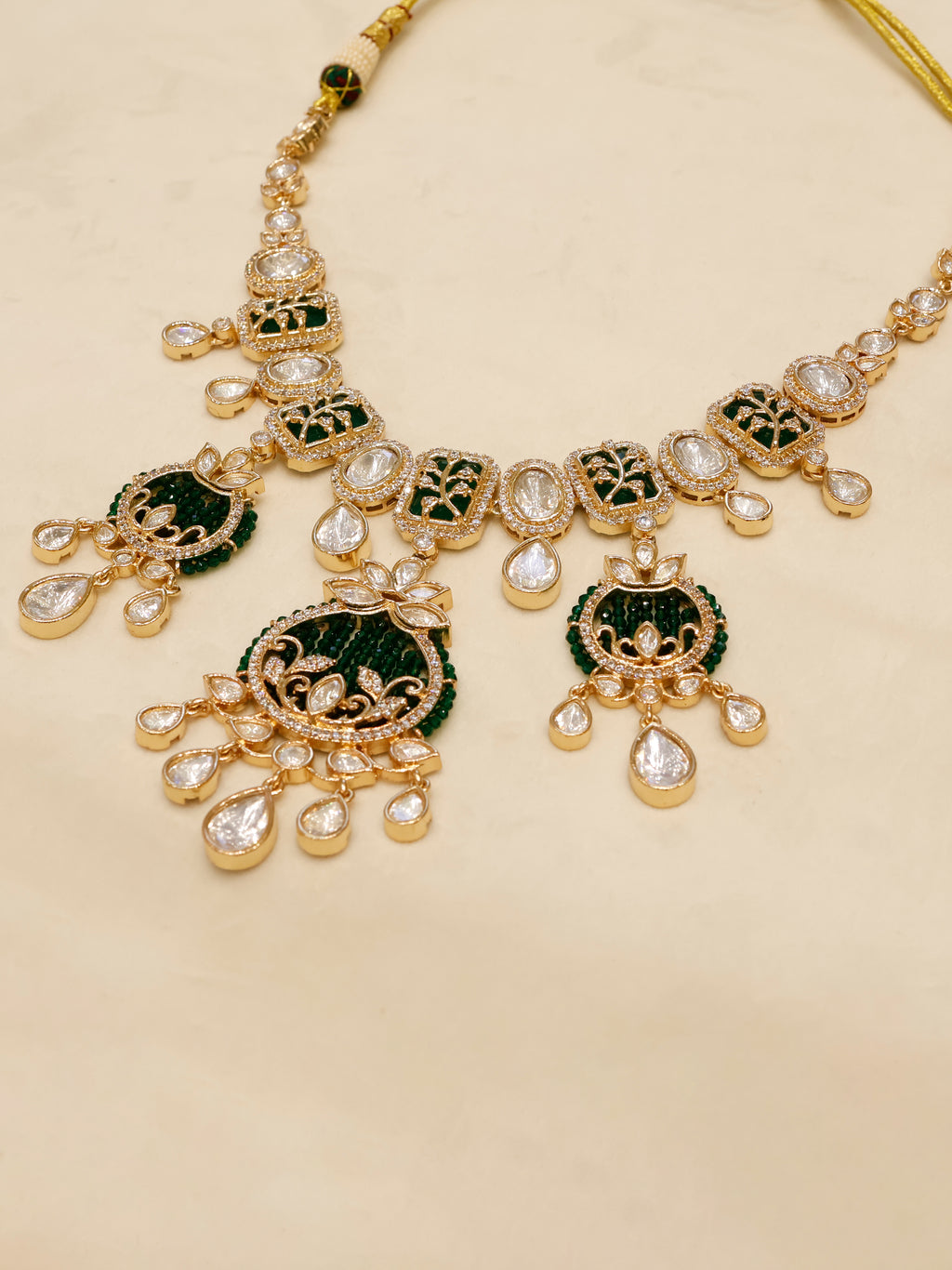 Aanura Green Beaded Kundan Necklace & Earrings Set