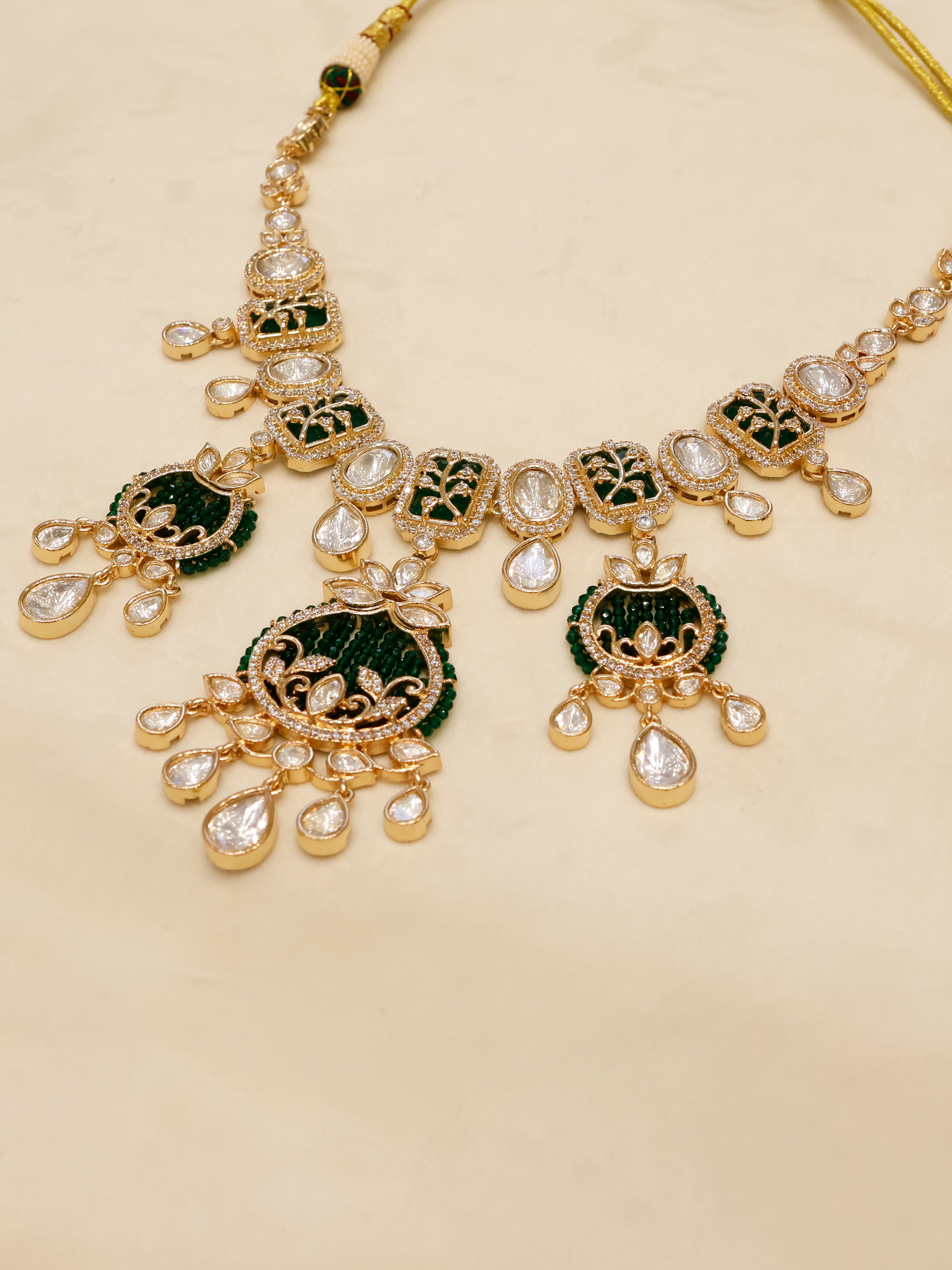 Aanura Green Beaded Kundan Necklace & Earrings Set