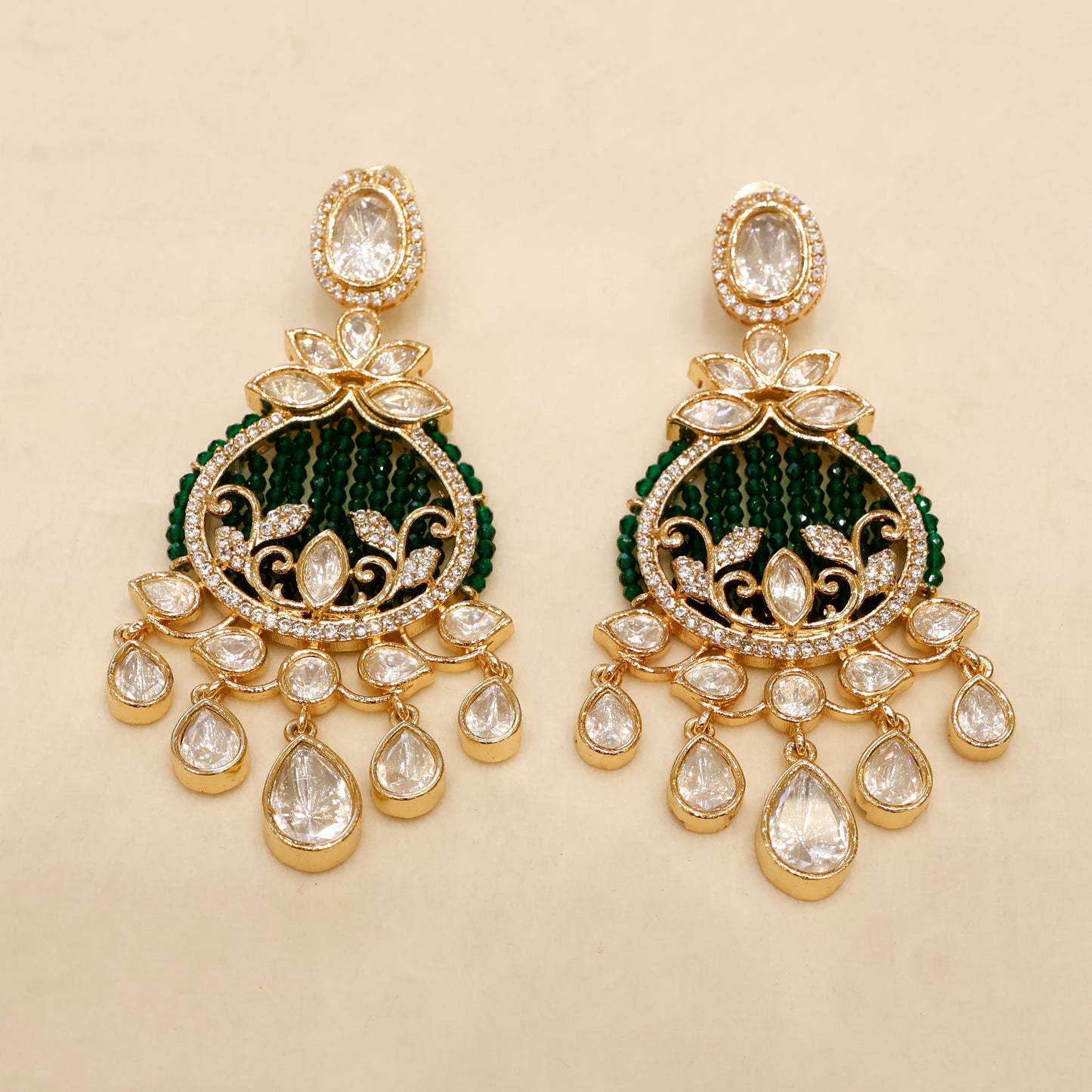 Aanura Green Beaded Kundan Necklace & Earrings Set