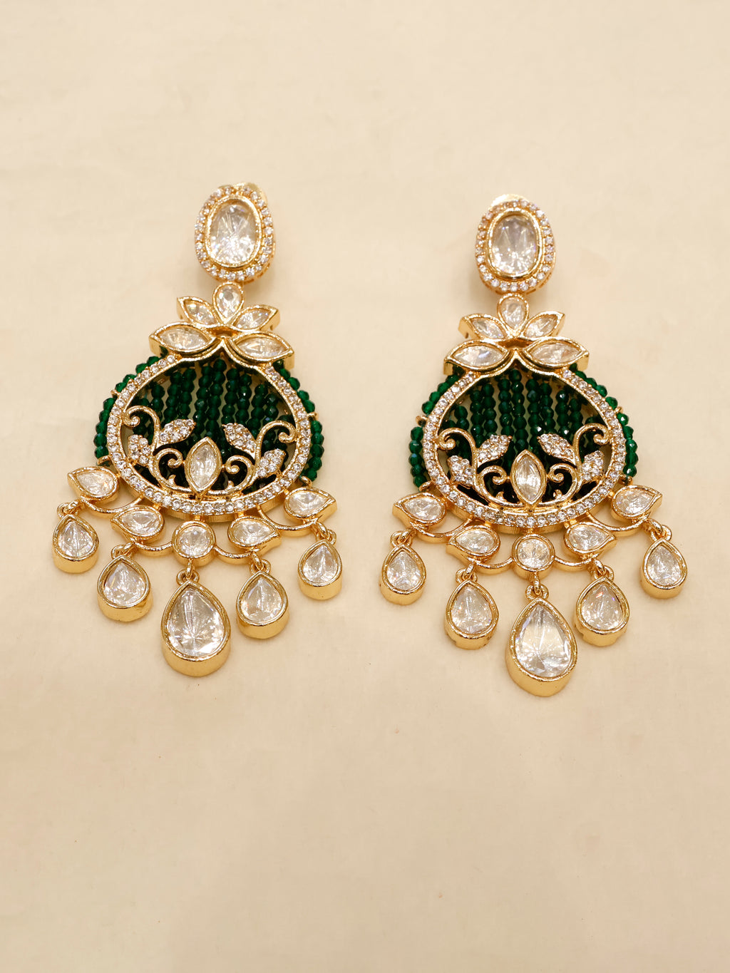 Aanura Green Beaded Kundan Necklace & Earrings Set