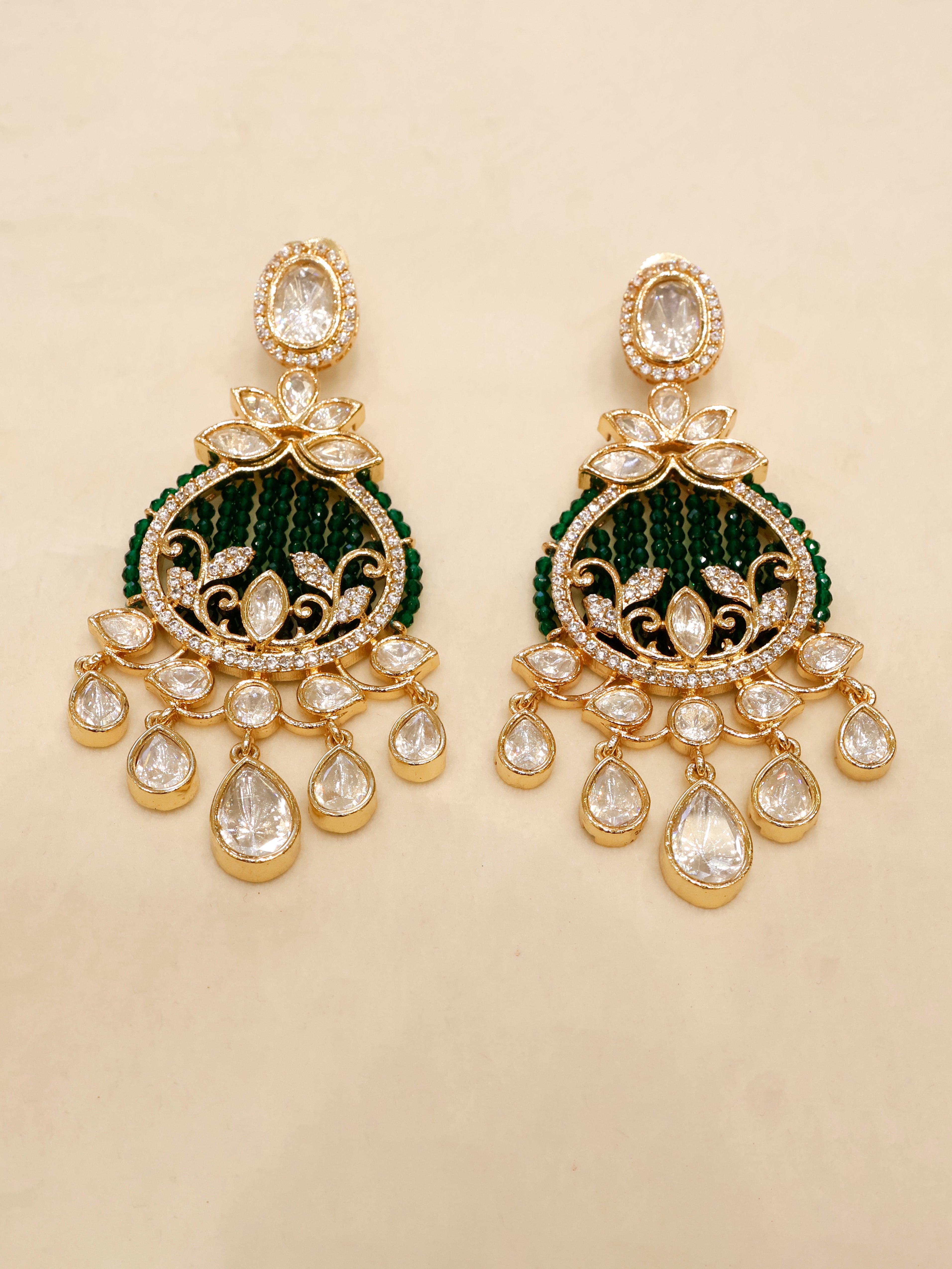 Aanura Green Beaded Kundan Necklace & Earrings Set
