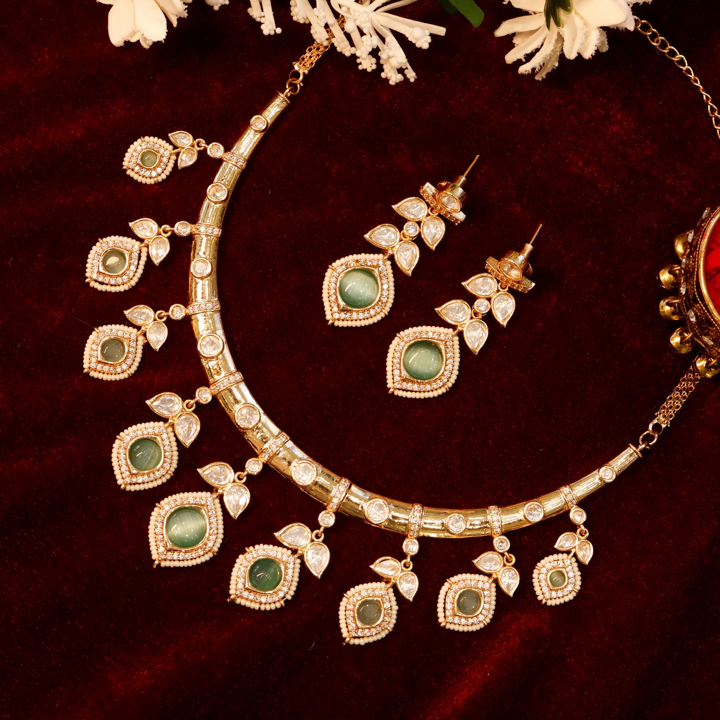 Aanura Peacock Green Kundan Necklace & Earrings Set