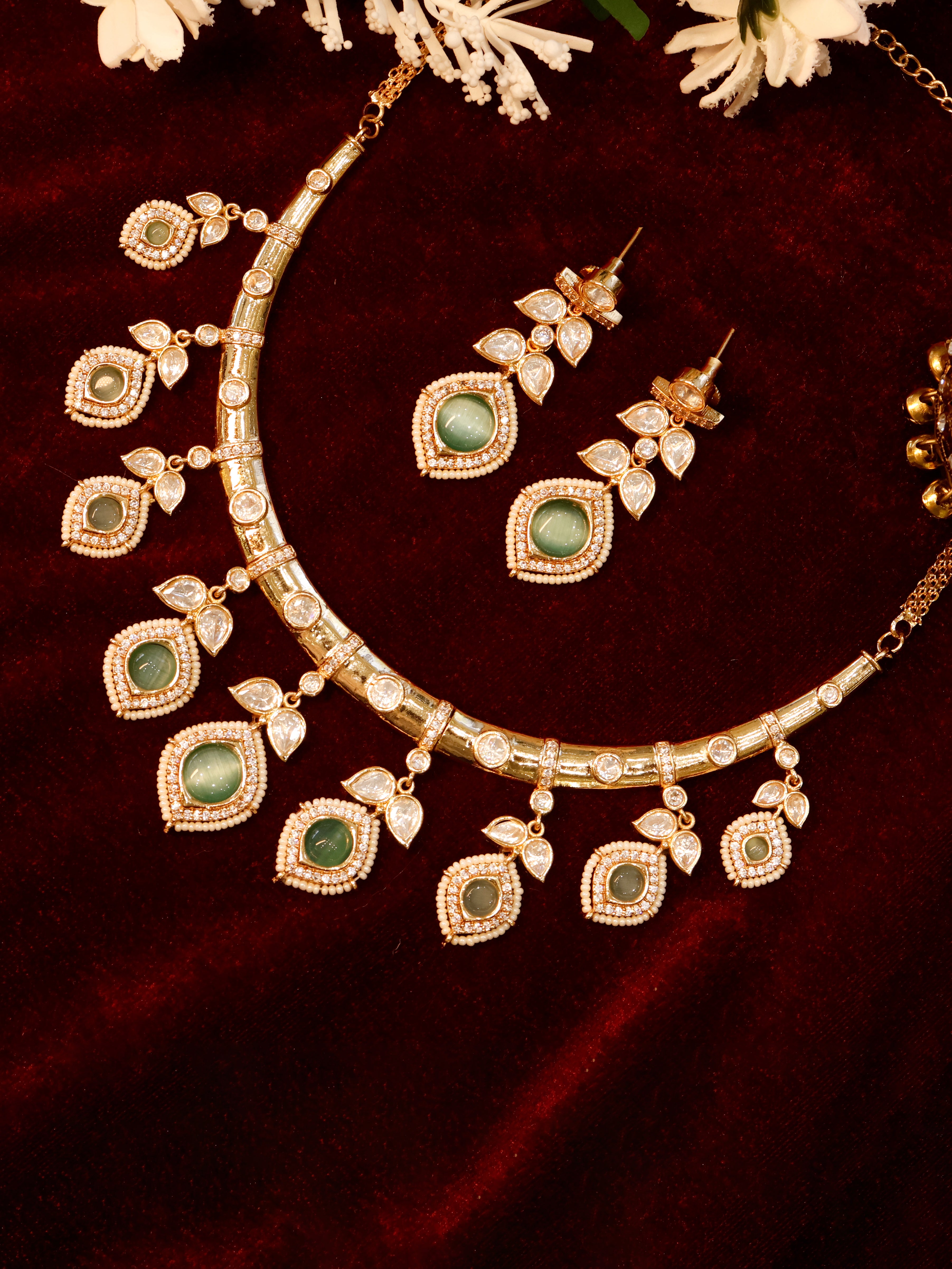 Aanura Peacock Green Kundan Necklace & Earrings Set