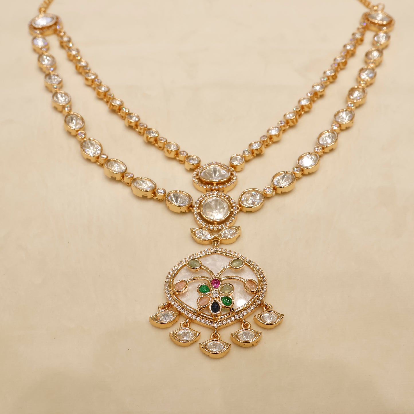 Aanura Green Meenakari Kundan Pendant Necklace Set