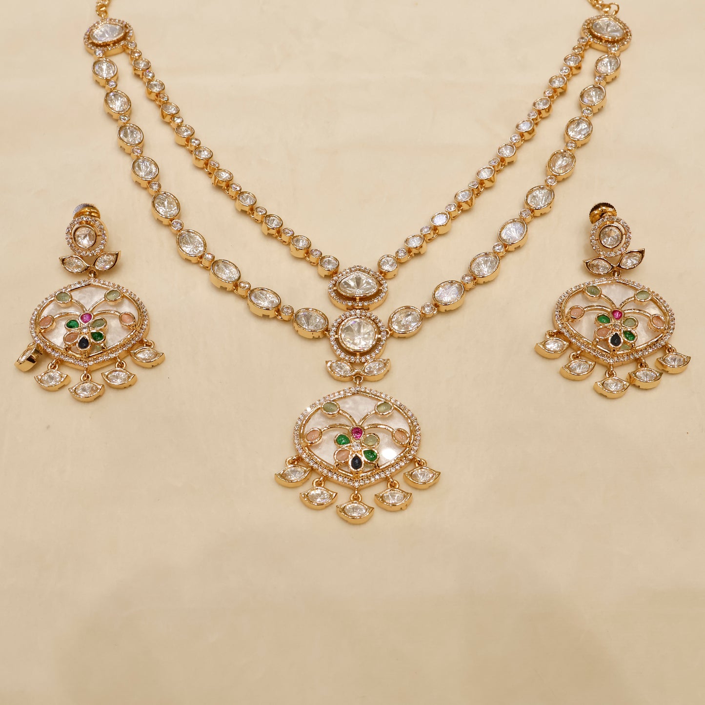 Aanura Green Meenakari Kundan Pendant Necklace Set