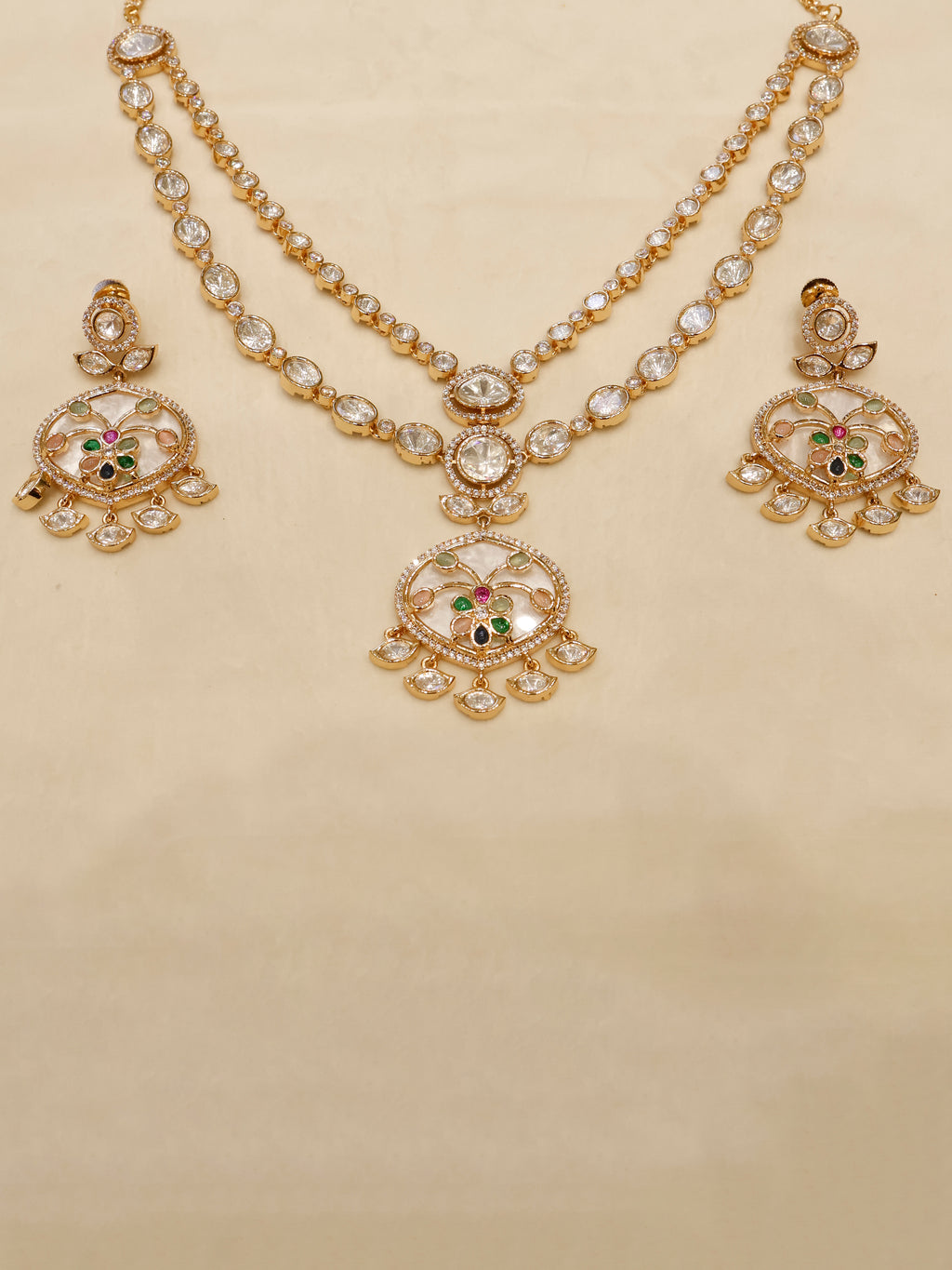 Aanura Green Meenakari Kundan Pendant Necklace Set