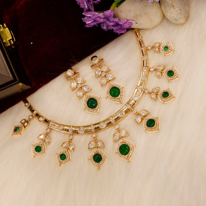 Aanura Peacock Green Kundan Necklace & Earrings Set
