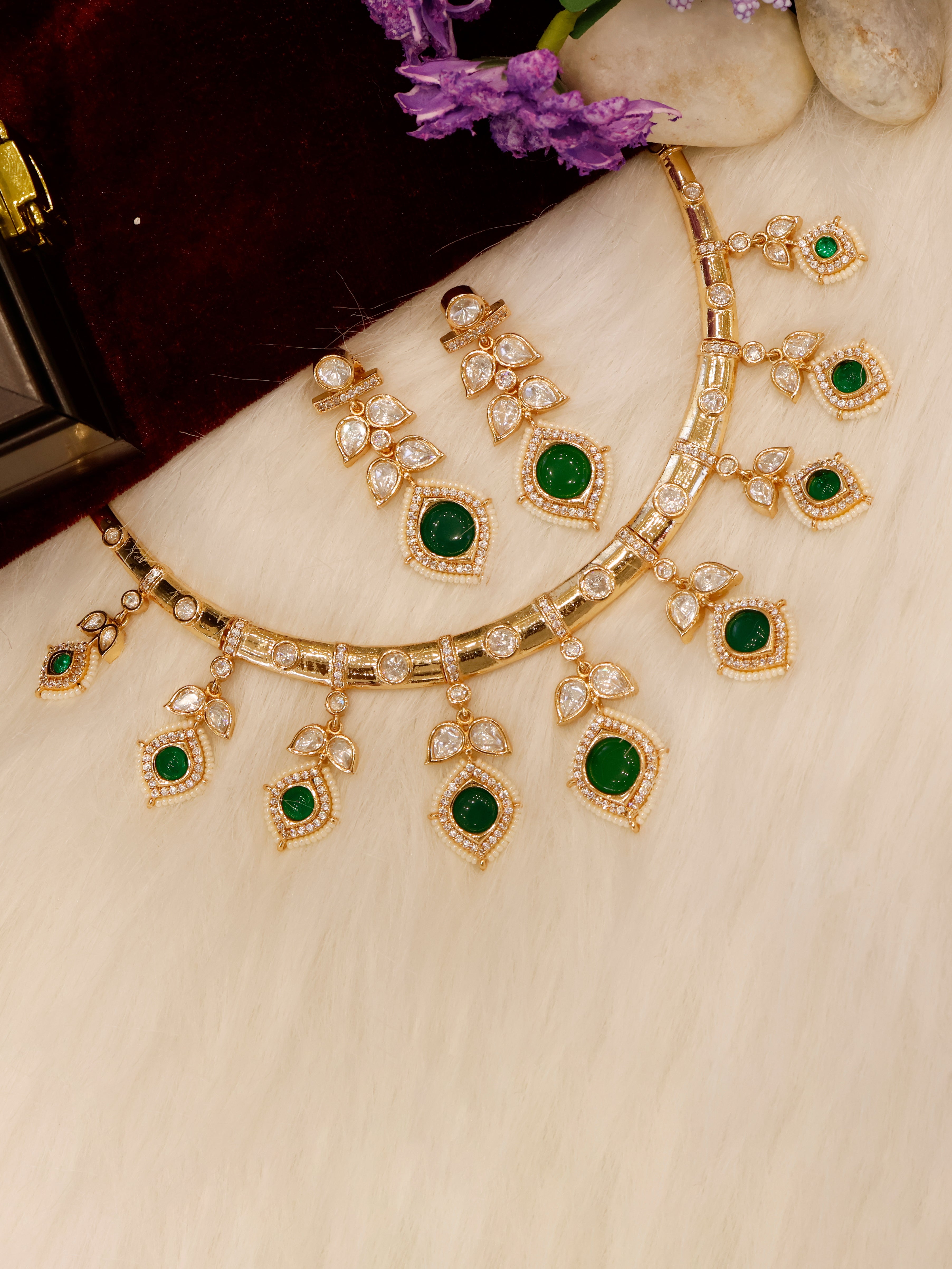 Aanura Peacock Green Kundan Necklace & Earrings Set
