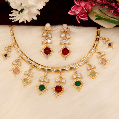 Aanura Peacock Green Kundan Necklace & Earrings Set