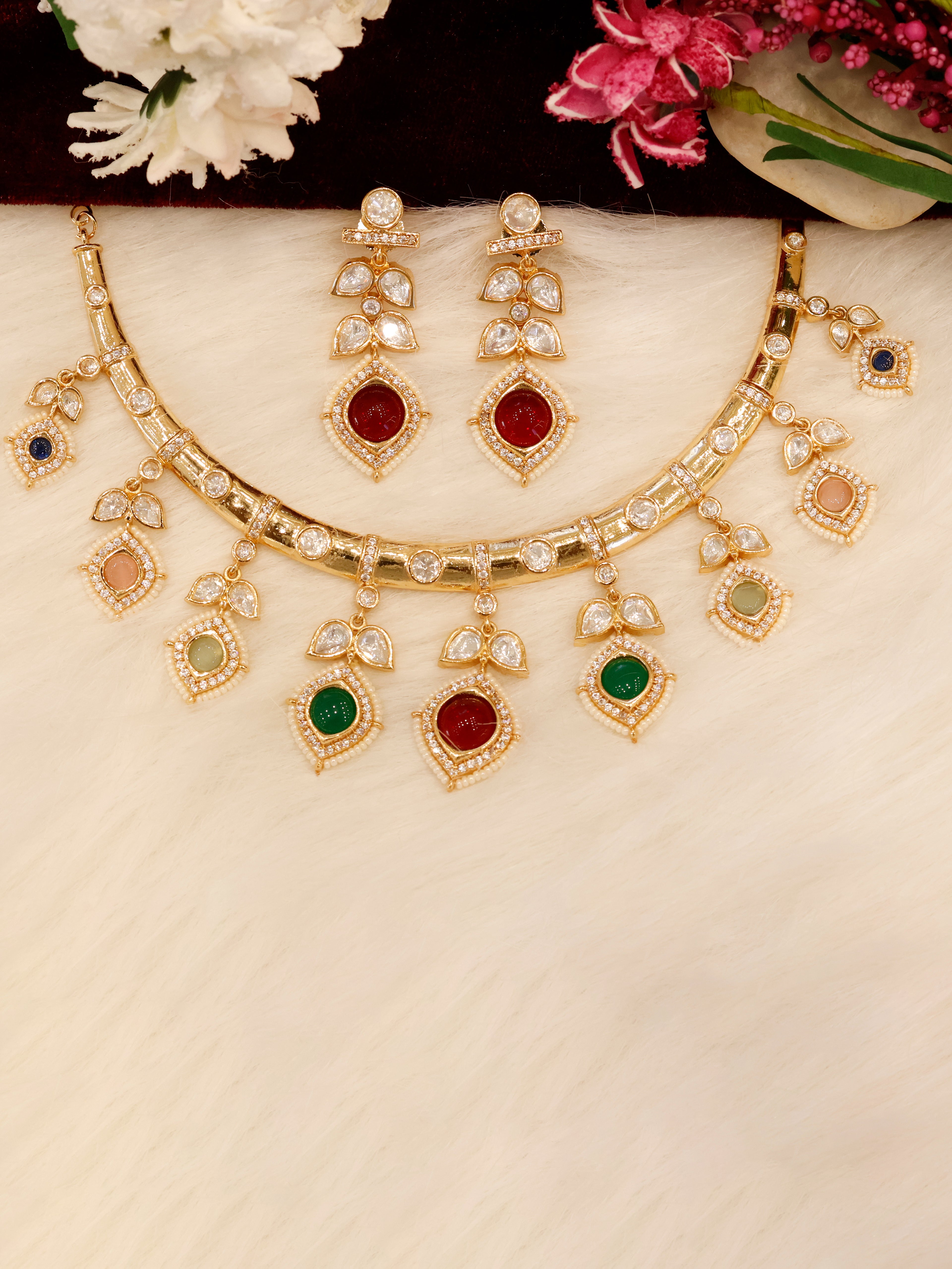 Aanura Peacock Green Kundan Necklace & Earrings Set