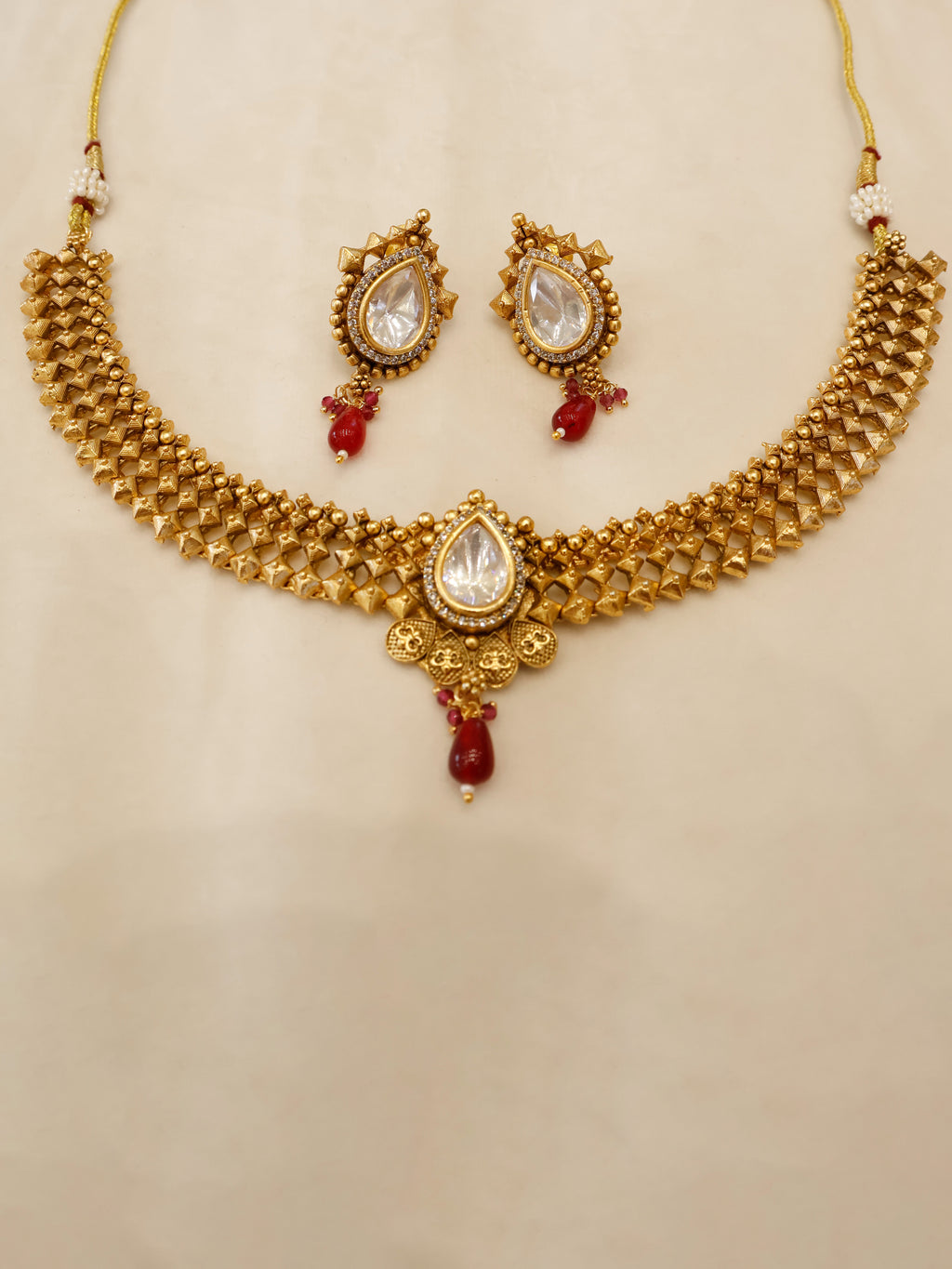 Aanura Antique Pearl Drop Kundan Choker Necklace Set
