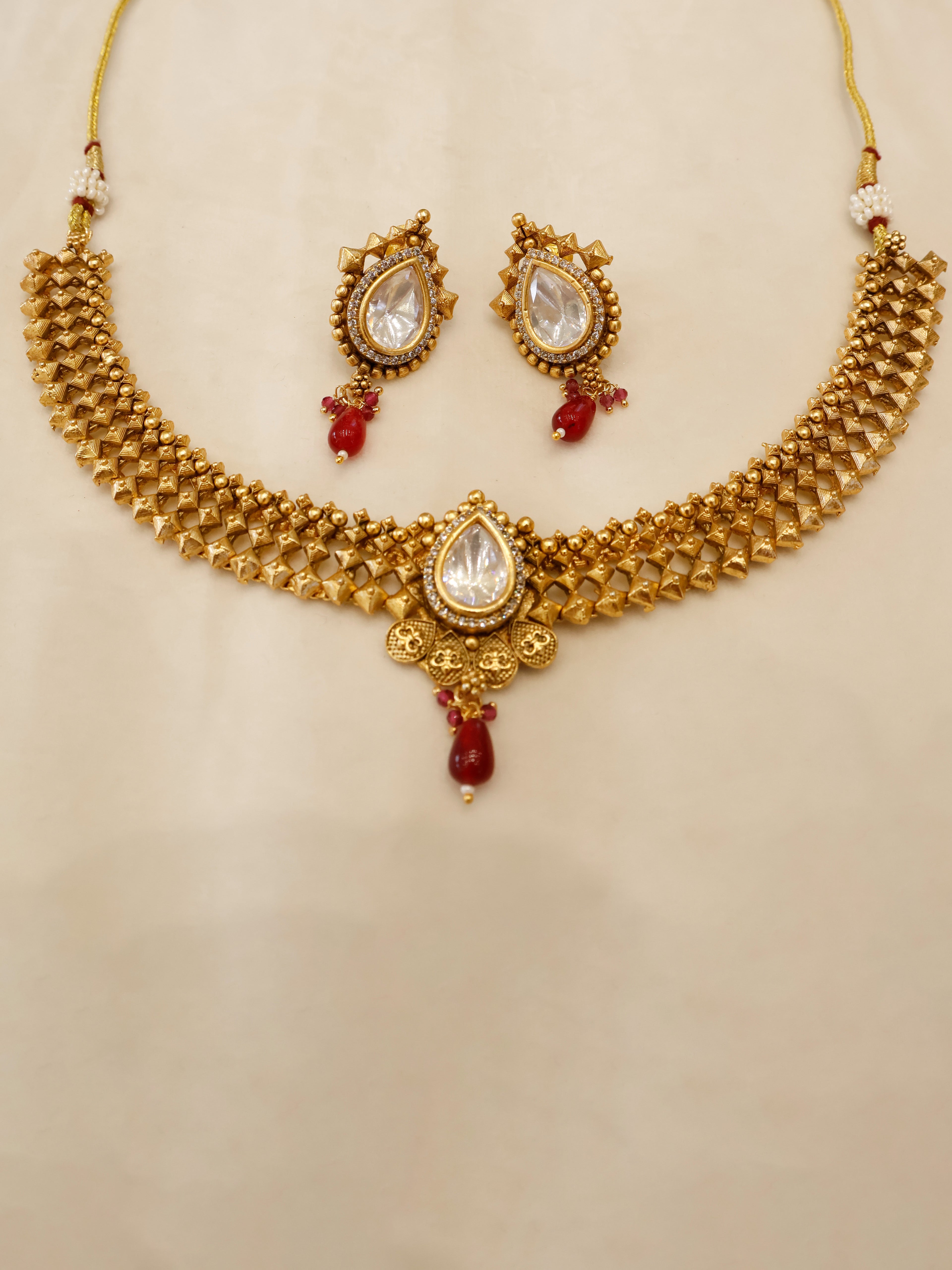 Aanura Antique Pearl Drop Kundan Choker Necklace Set