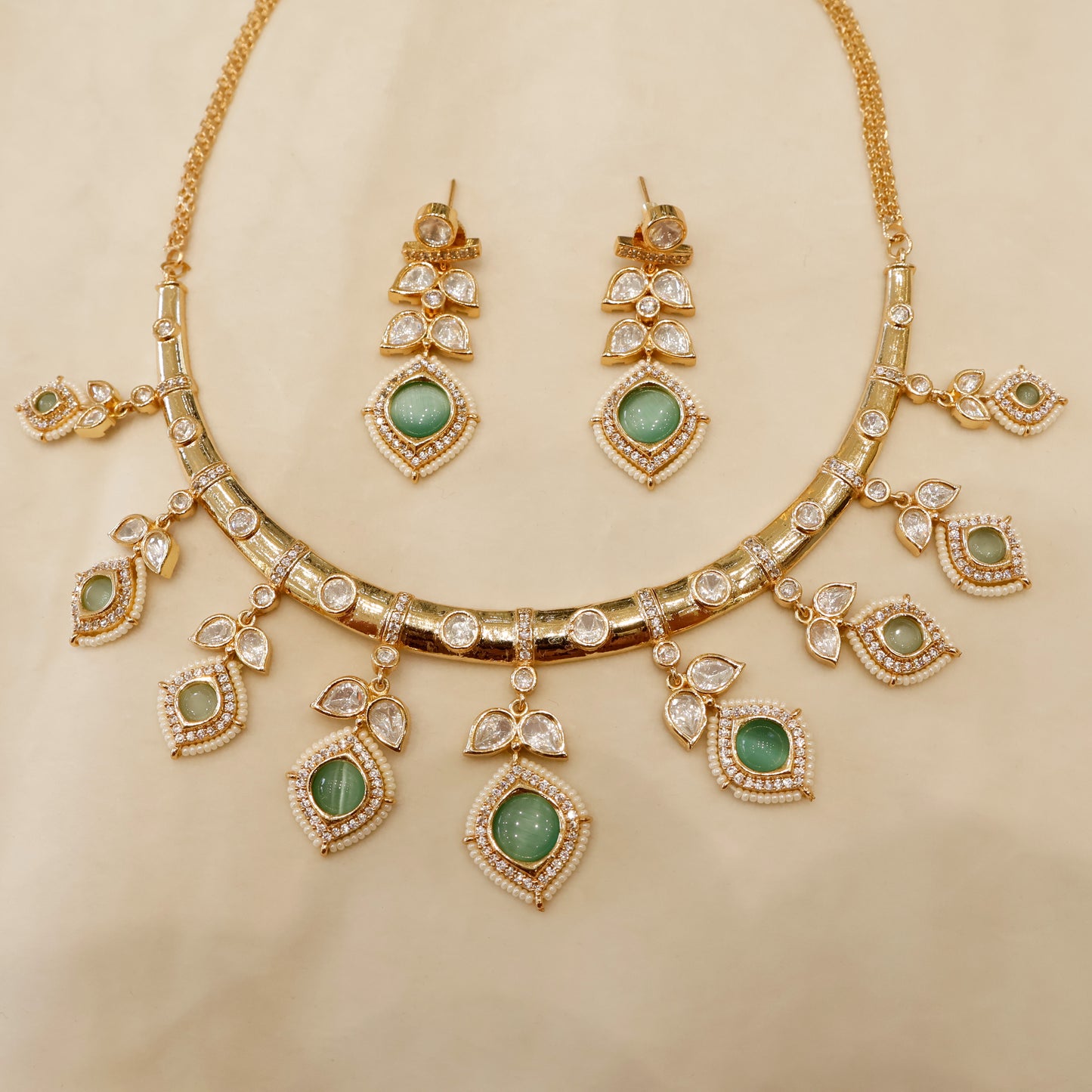 Aanura Peacock Green Kundan Necklace & Earrings Set
