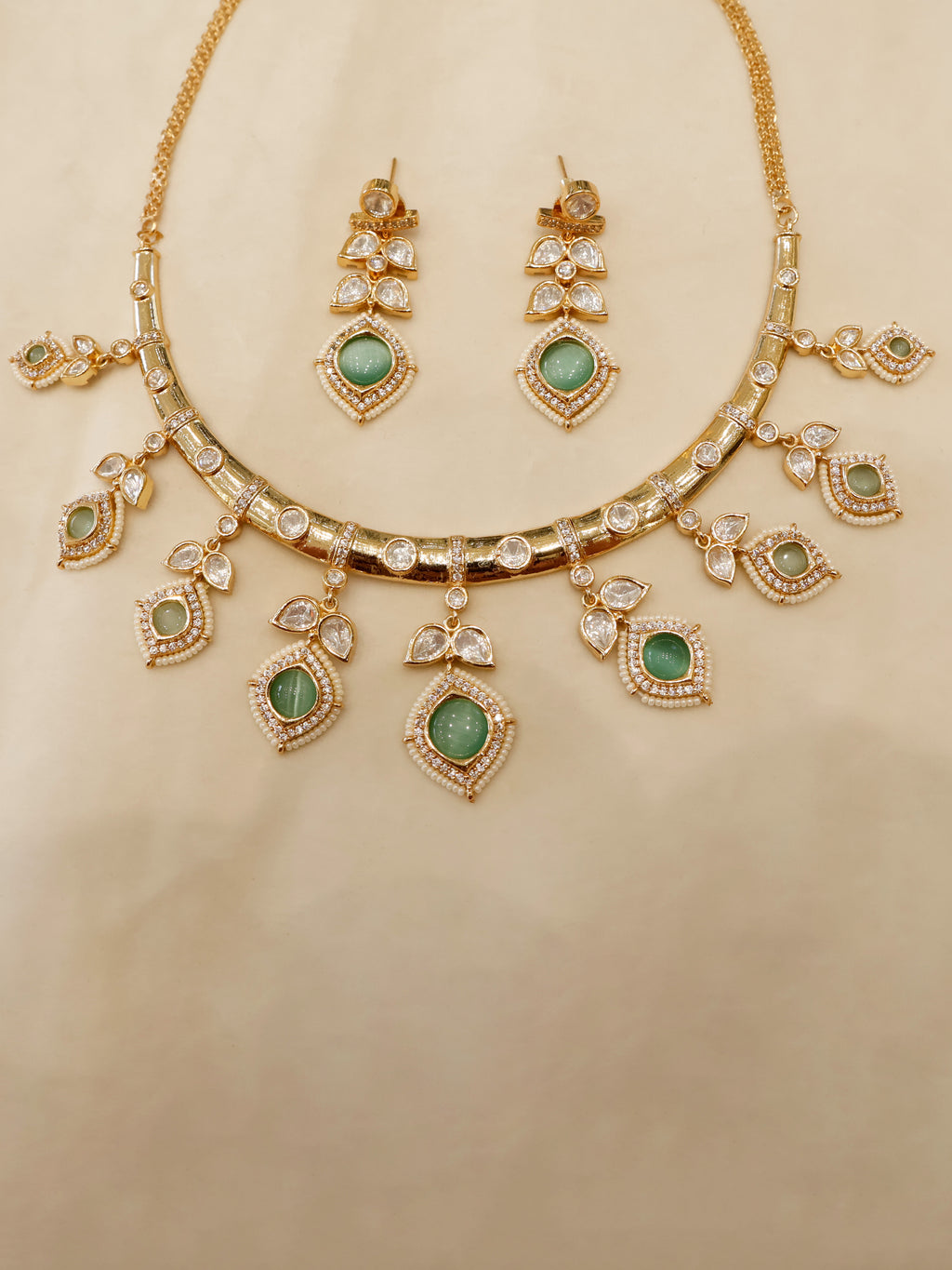 Aanura Peacock Green Kundan Necklace & Earrings Set