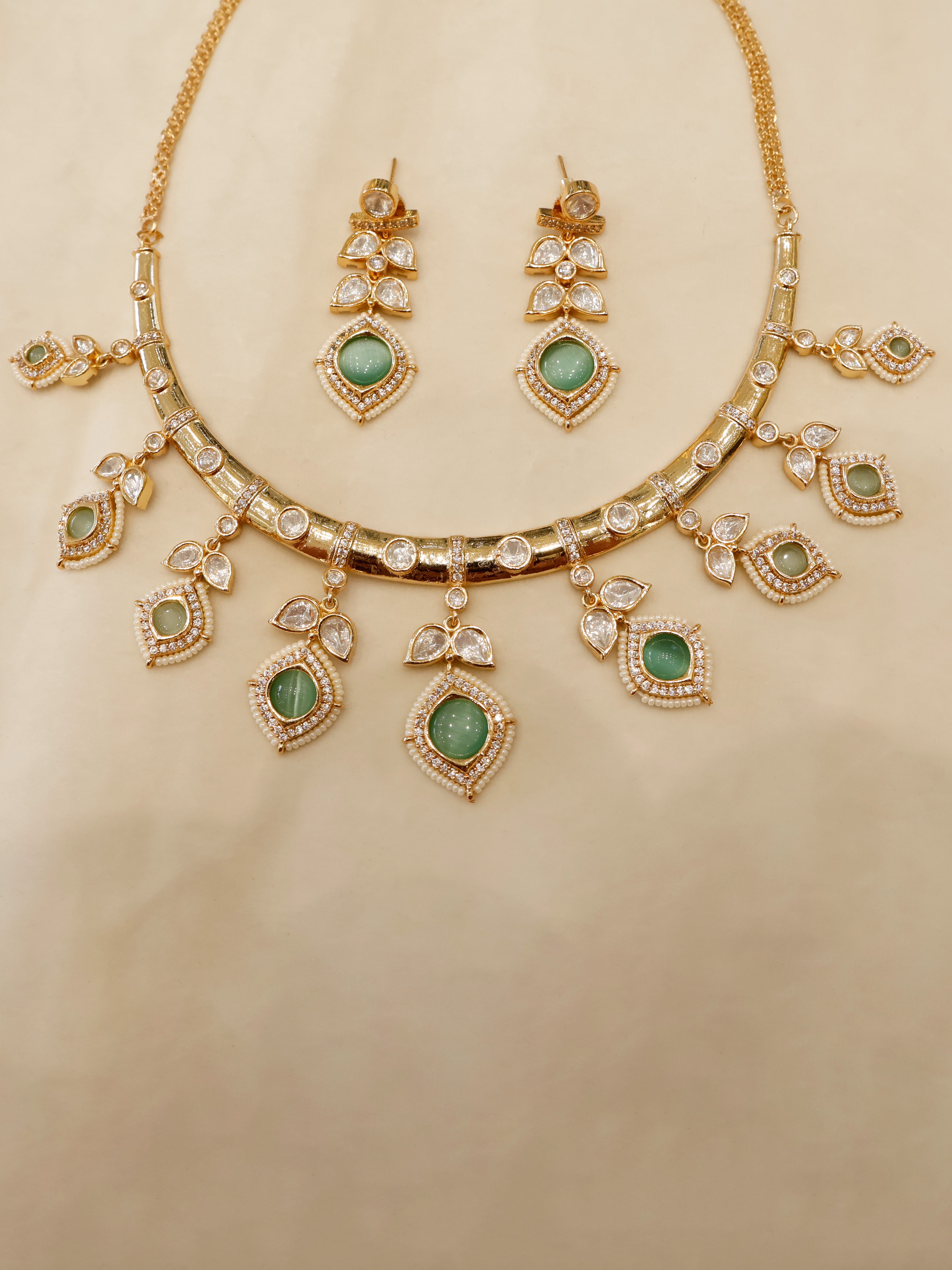 Aanura Peacock Green Kundan Necklace & Earrings Set