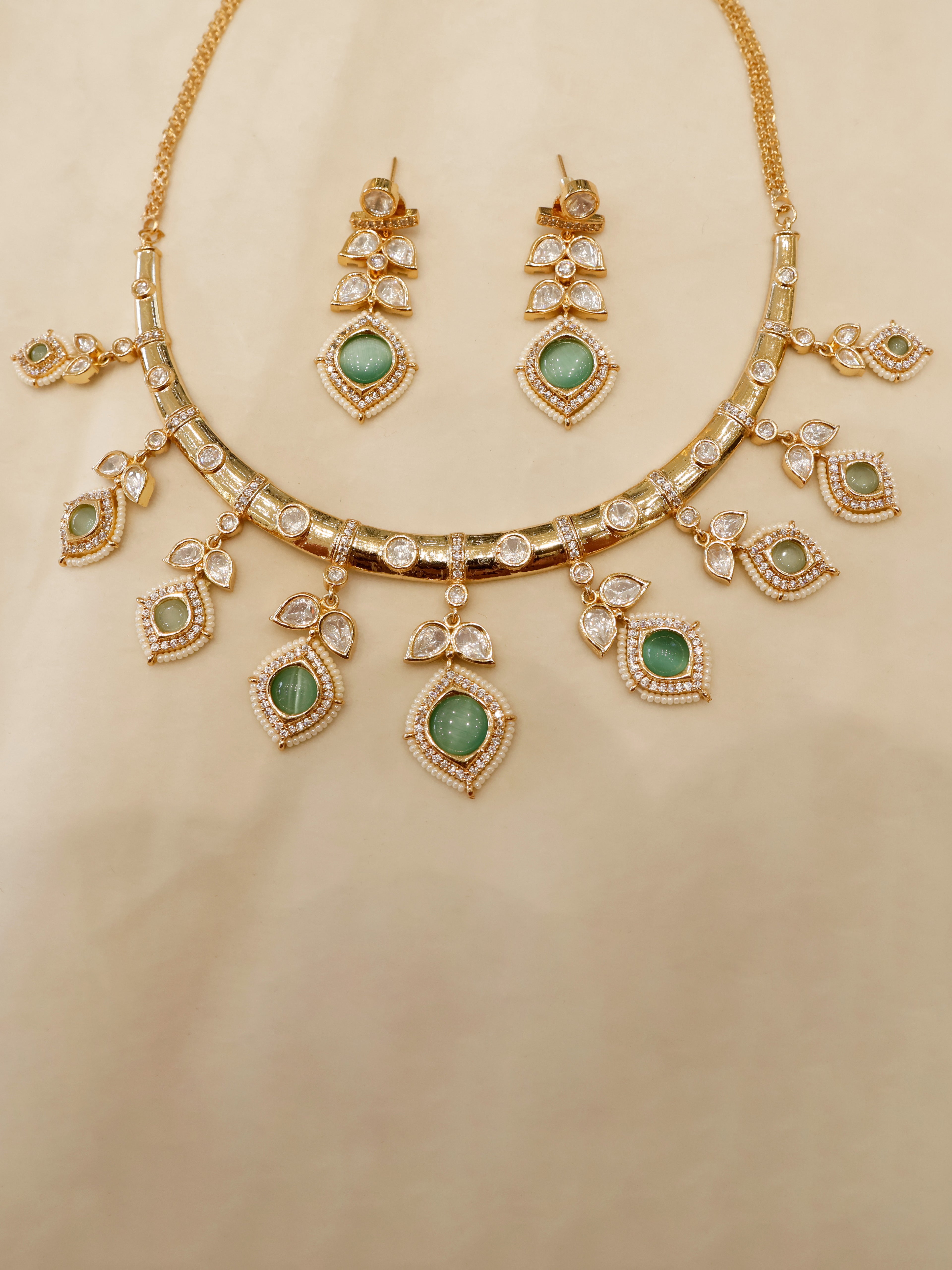 Aanura Peacock Green Kundan Necklace & Earrings Set