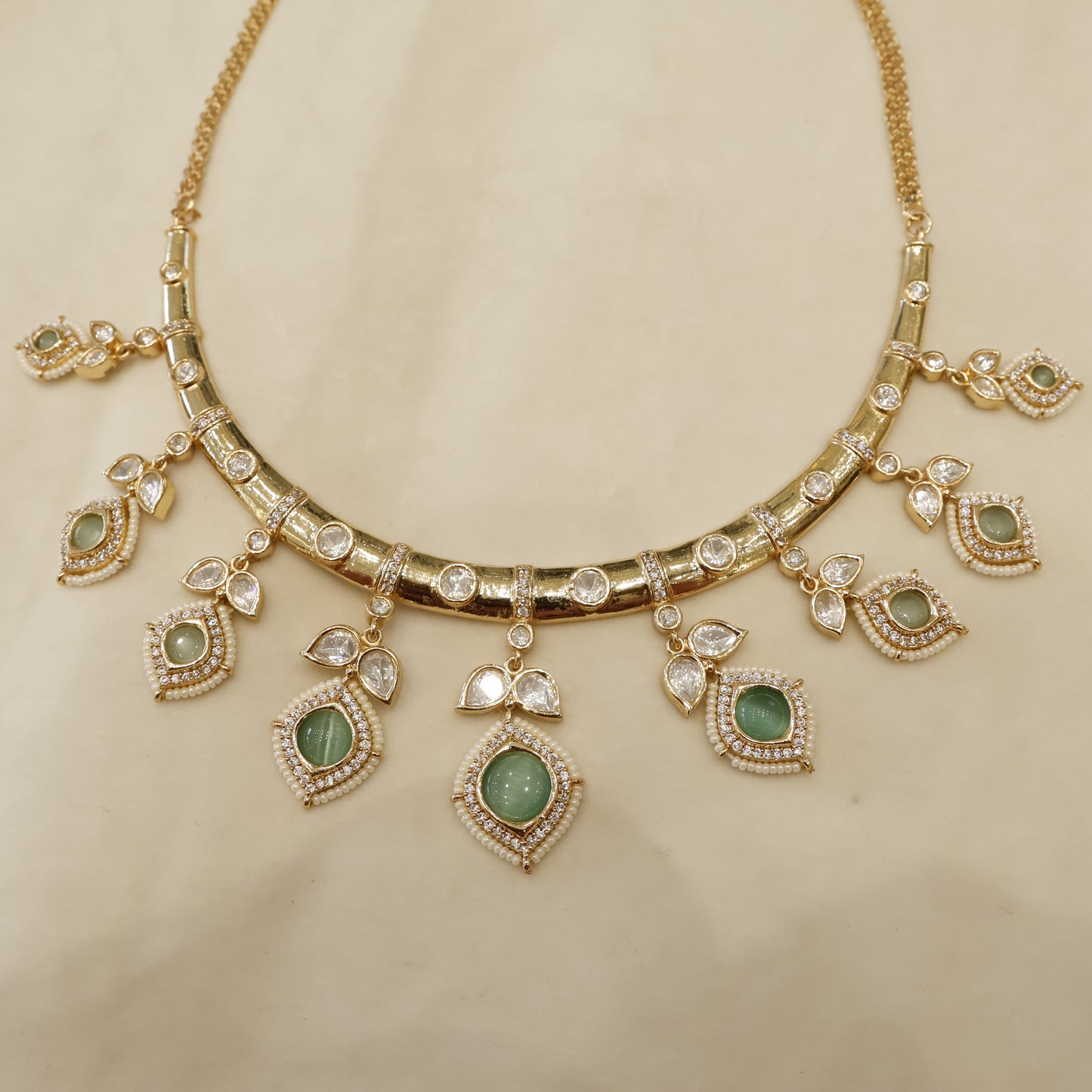 Aanura Peacock Green Kundan Necklace & Earrings Set
