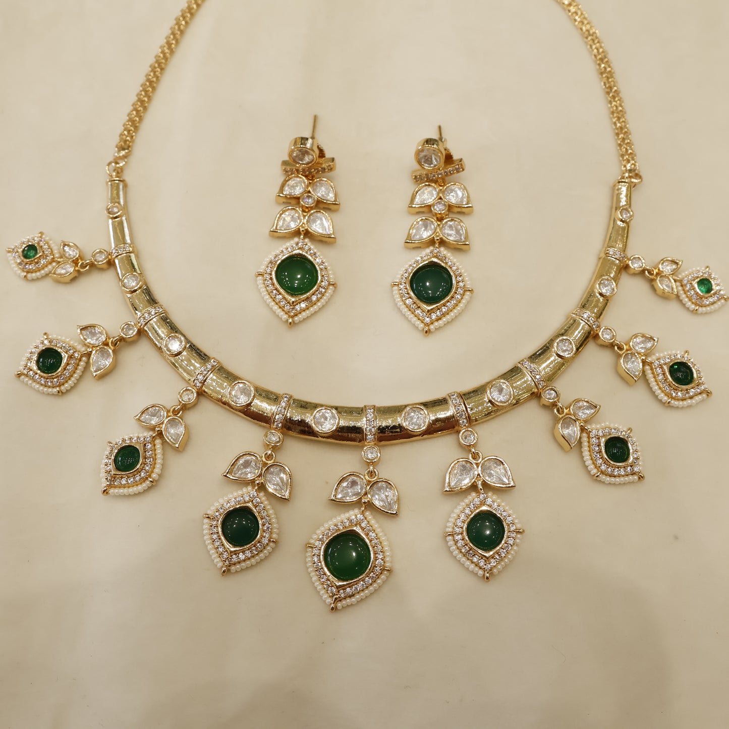 Aanura Peacock Green Kundan Necklace & Earrings Set