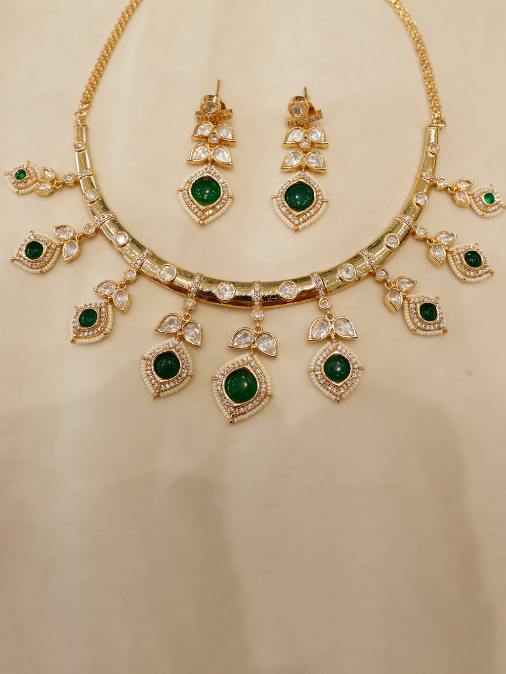 Aanura Peacock Green Kundan Necklace & Earrings Set