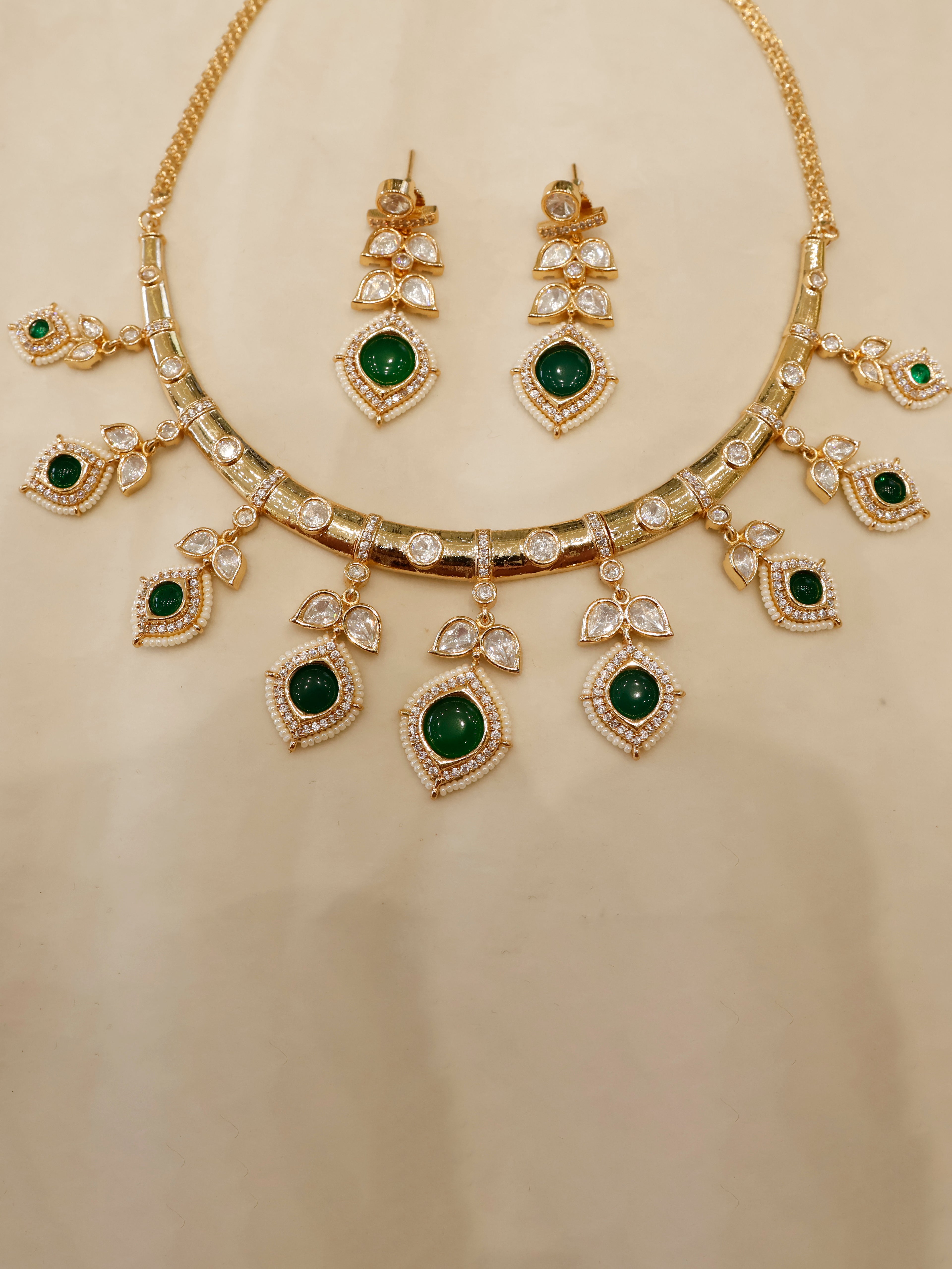 Aanura Peacock Green Kundan Necklace & Earrings Set