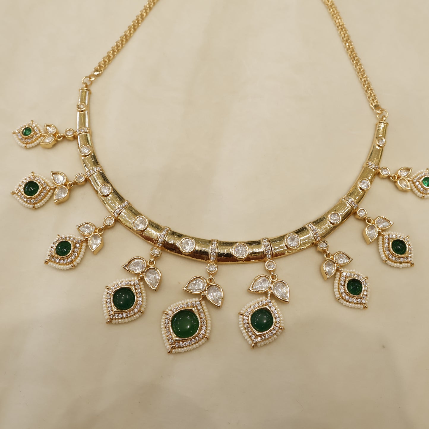 Aanura Peacock Green Kundan Necklace & Earrings Set