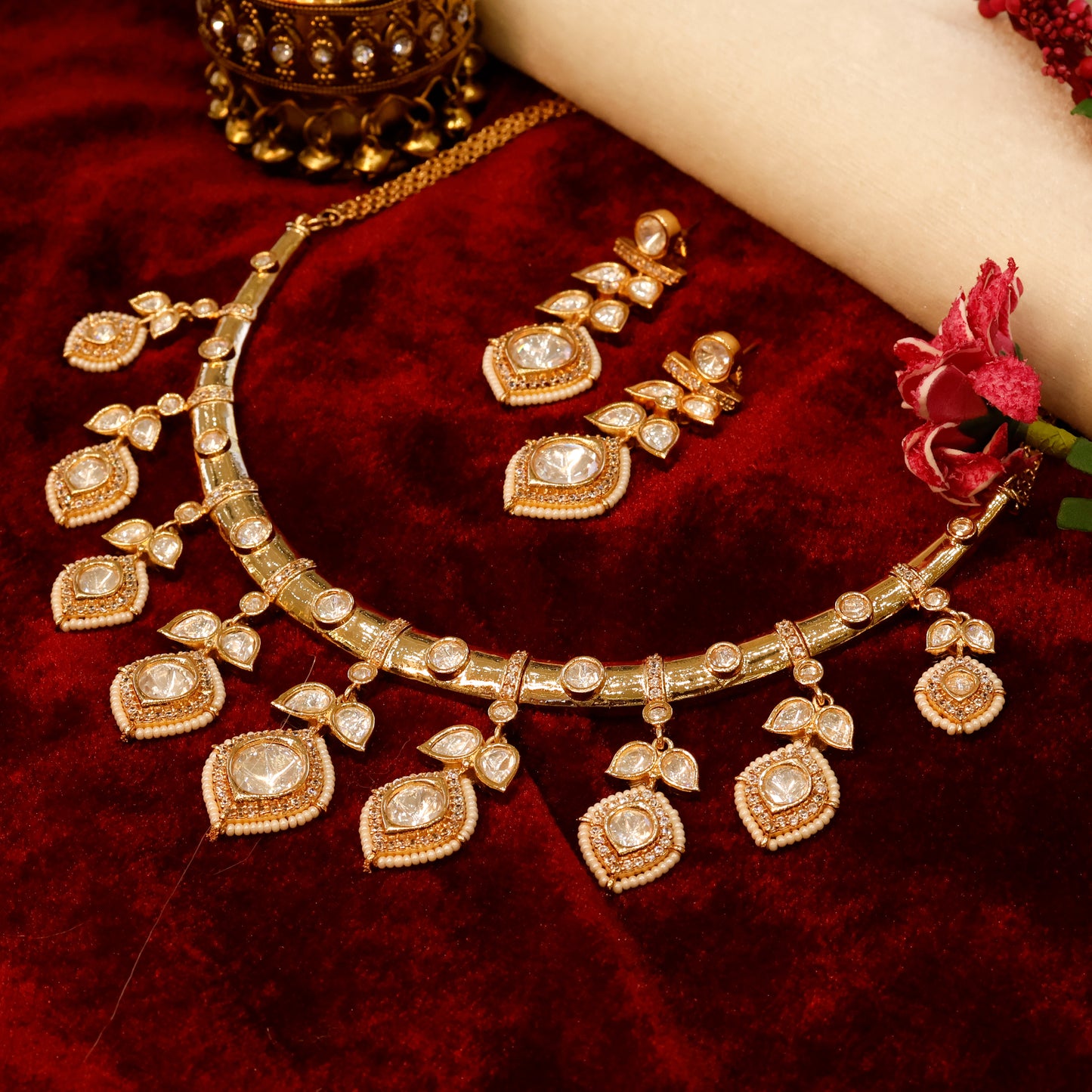 Aanura Peacock Green Kundan Necklace & Earrings Set