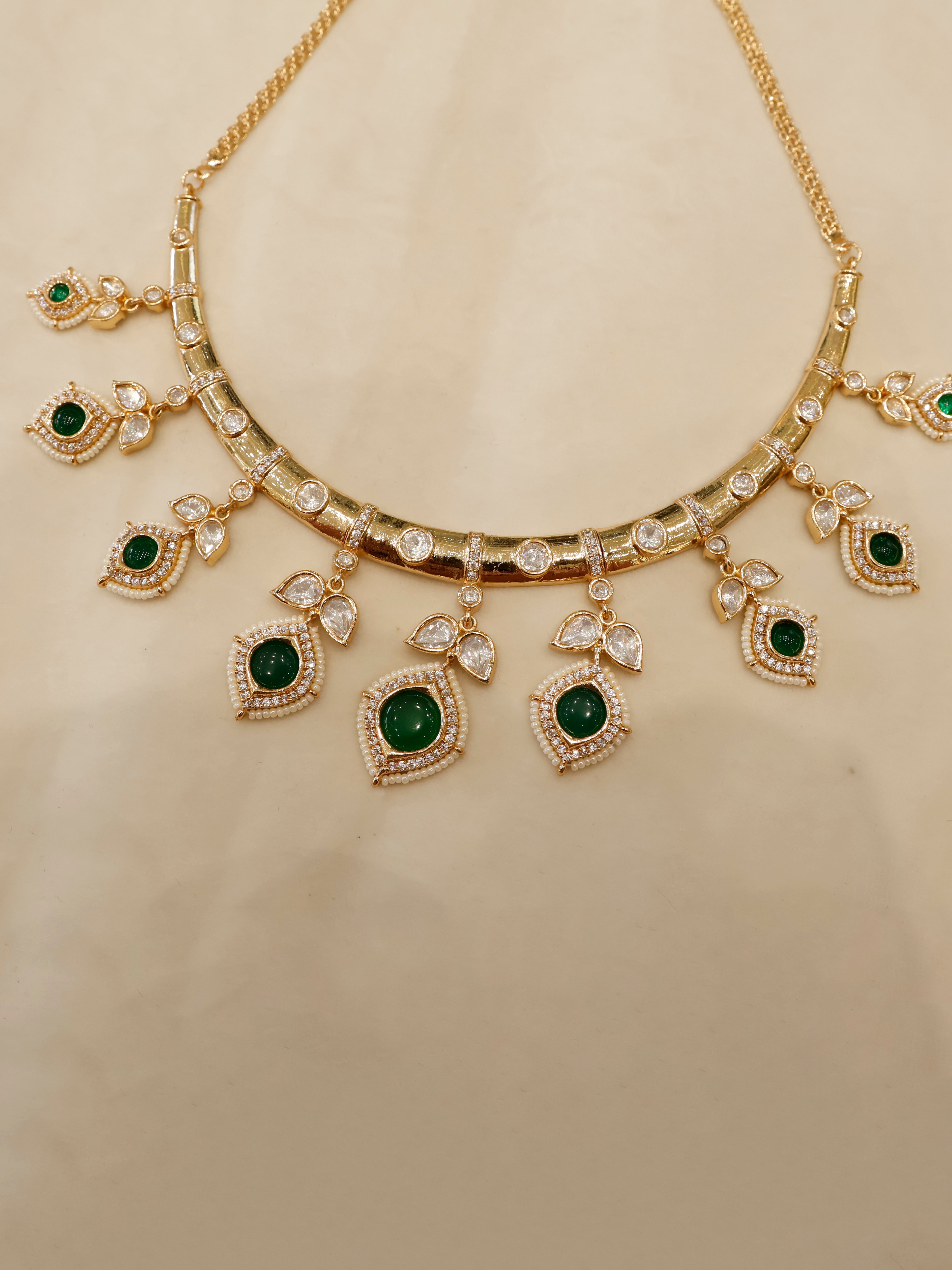 Aanura Peacock Green Kundan Necklace & Earrings Set