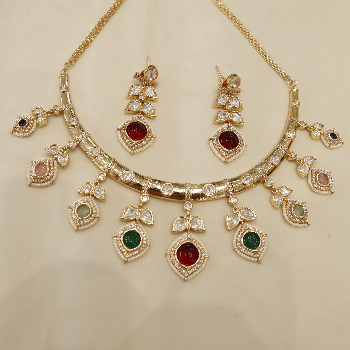 Aanura Peacock Green Kundan Necklace & Earrings Set