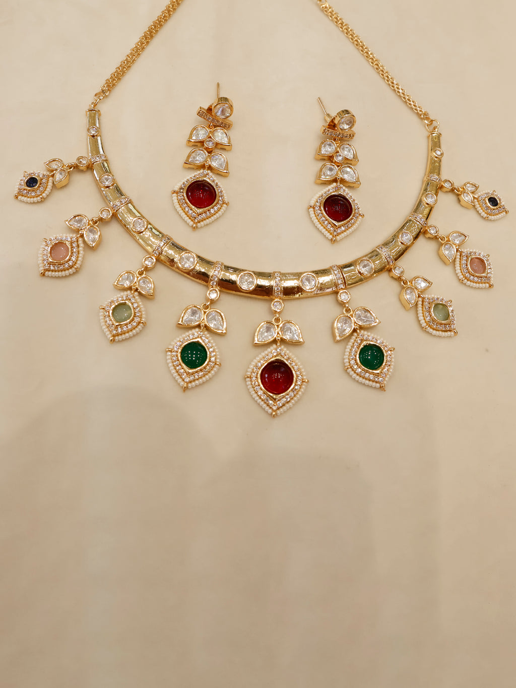 Aanura Peacock Green Kundan Necklace & Earrings Set
