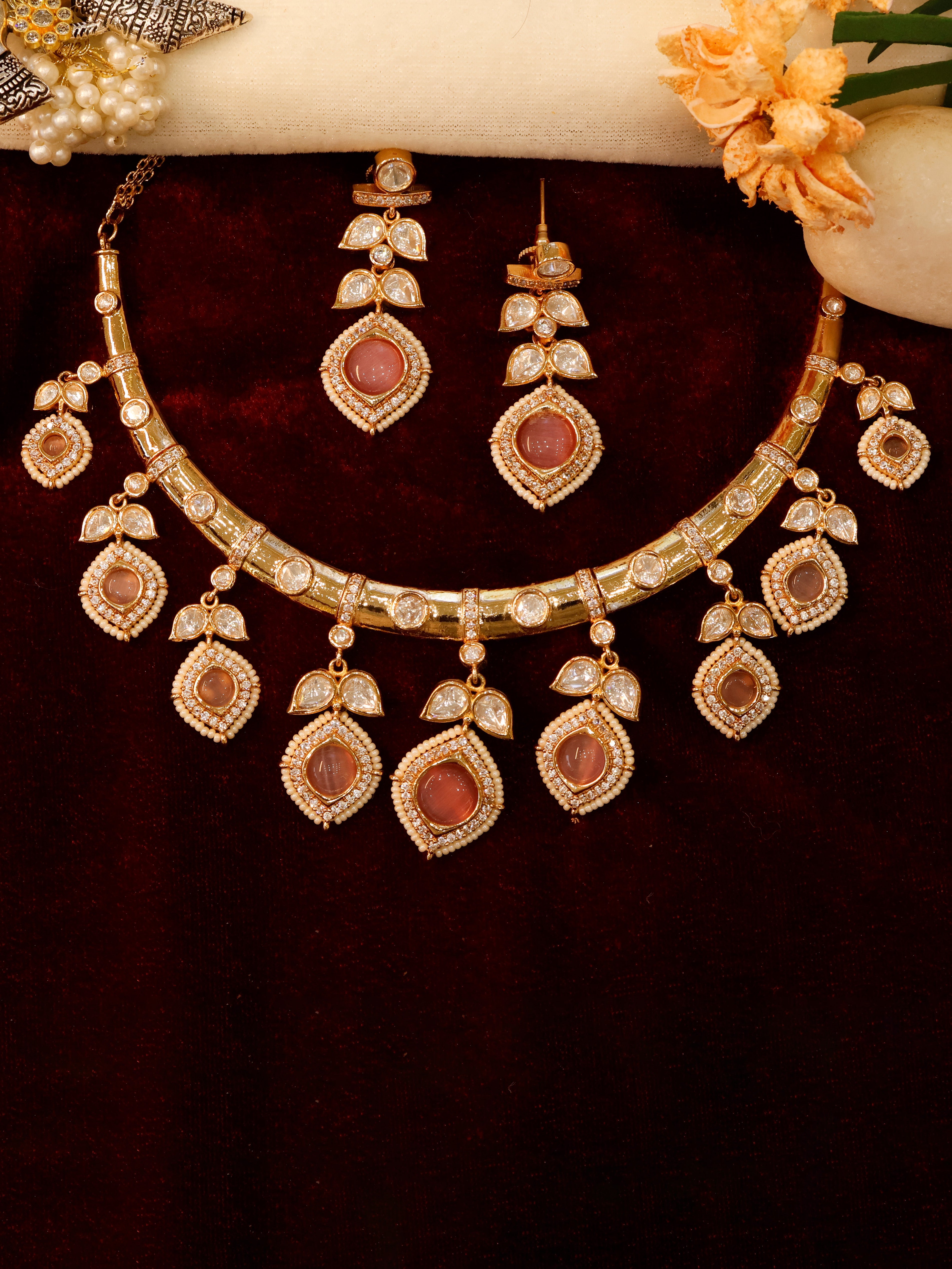 Aanura Peacock Green Kundan Necklace & Earrings Set