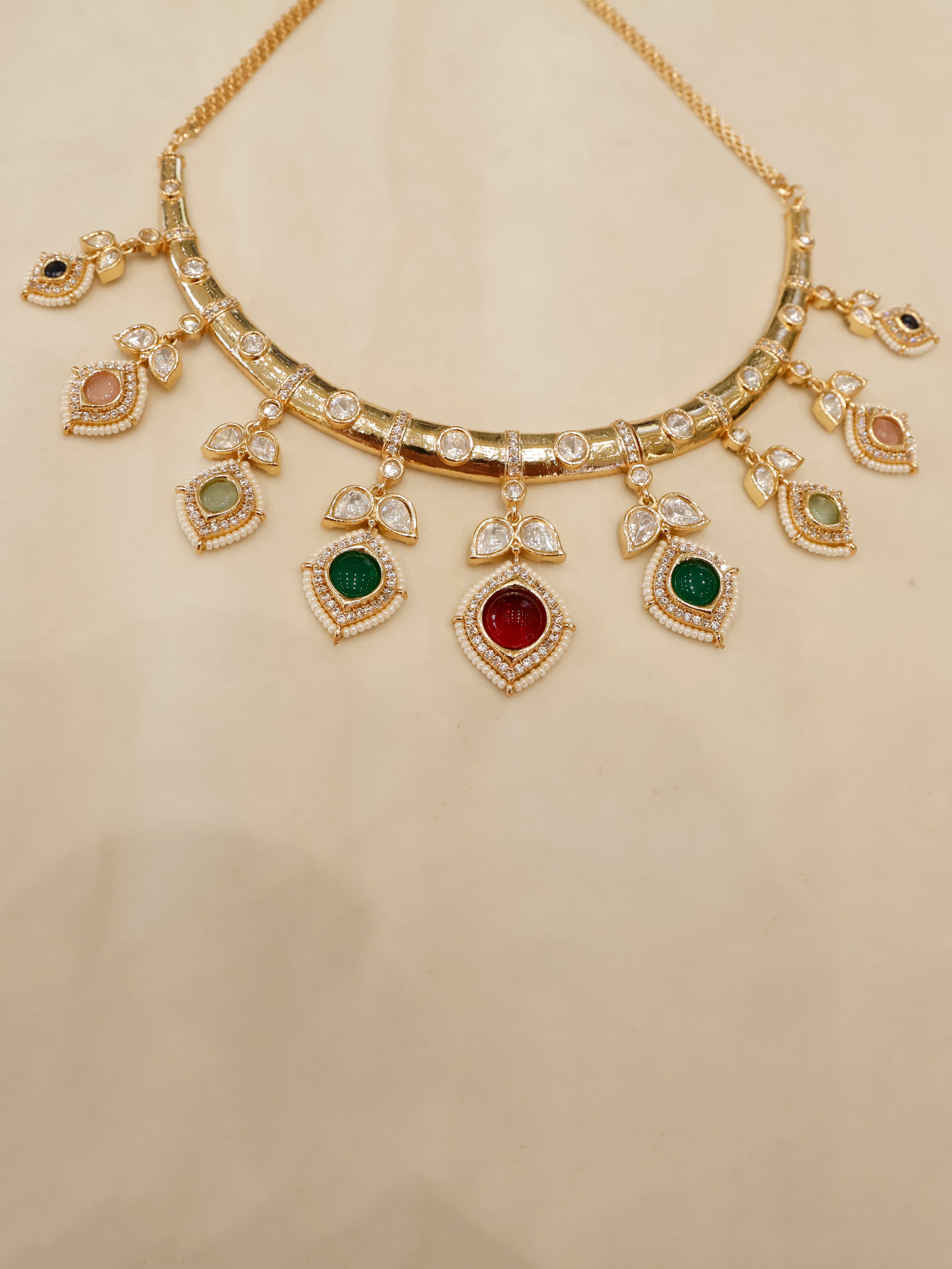 Aanura Peacock Green Kundan Necklace & Earrings Set