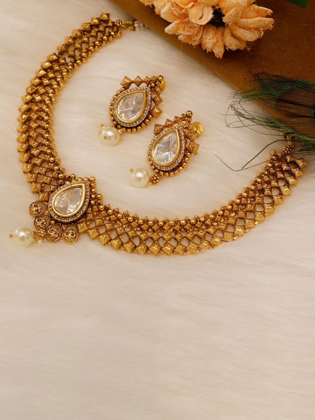 Aanura Antique Pearl Drop Kundan Choker Necklace Set