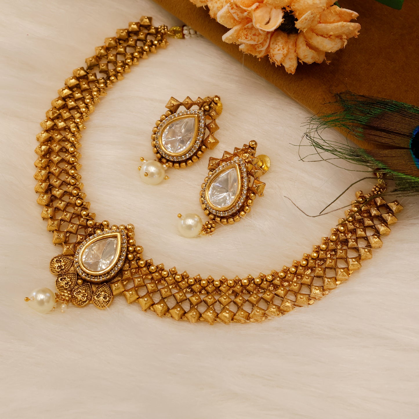 Aanura Antique Pearl Drop Kundan Choker Necklace Set