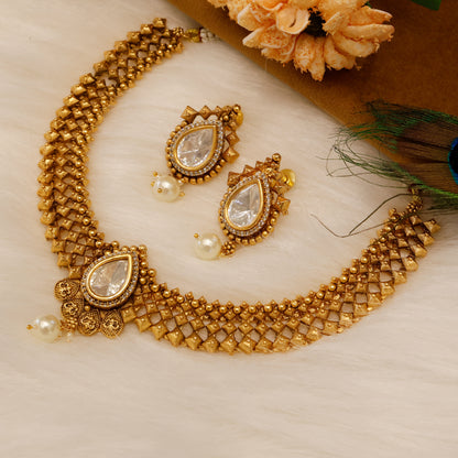 Aanura Antique Pearl Drop Kundan Choker Necklace Set