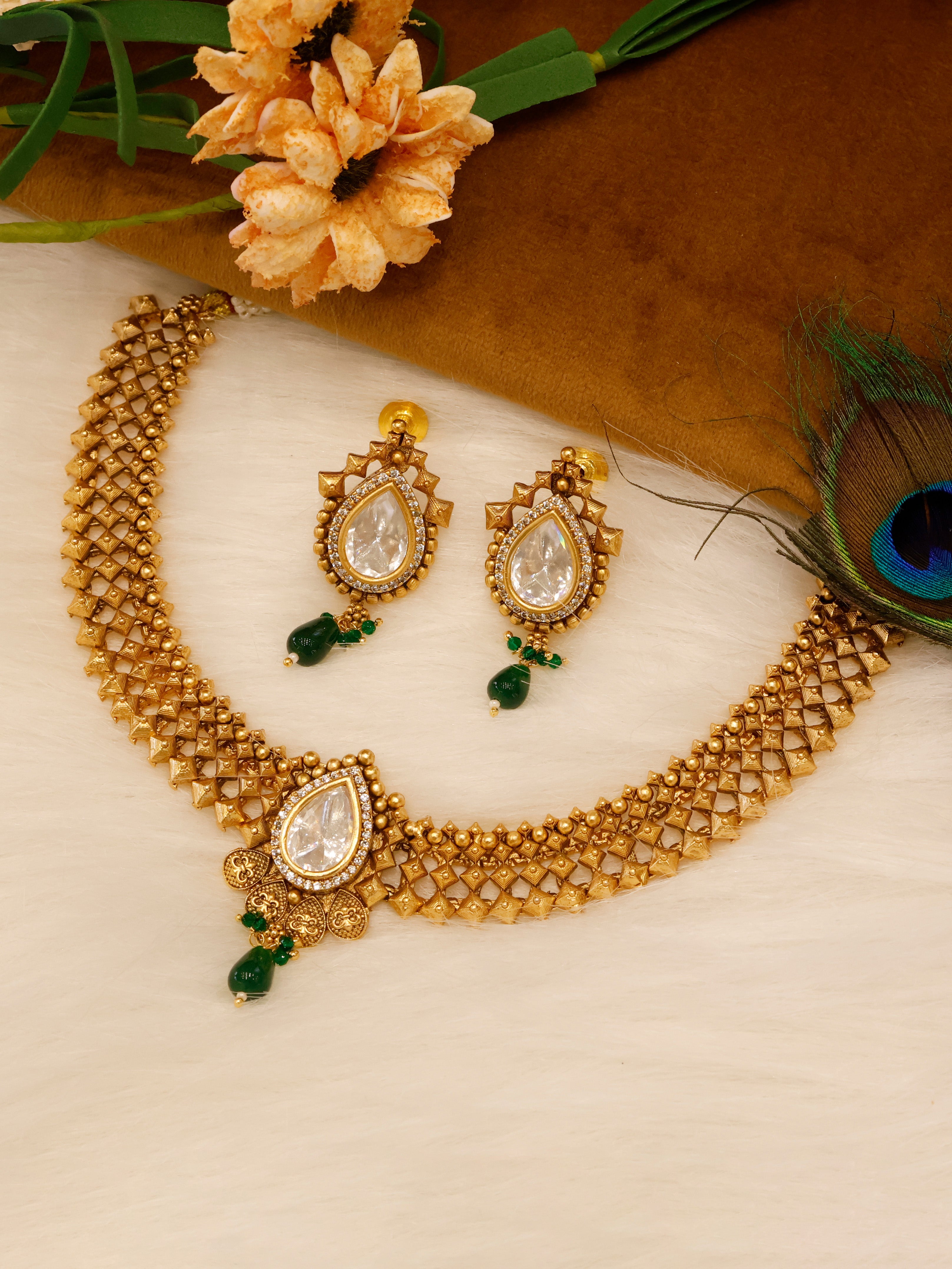 Aanura Antique Pearl Drop Kundan Choker Necklace Set