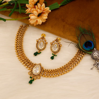 Aanura Antique Pearl Drop Kundan Choker Necklace Set
