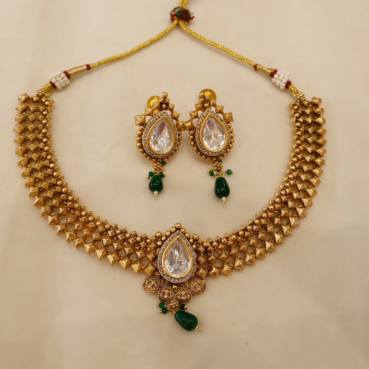 Aanura Antique Pearl Drop Kundan Choker Necklace Set