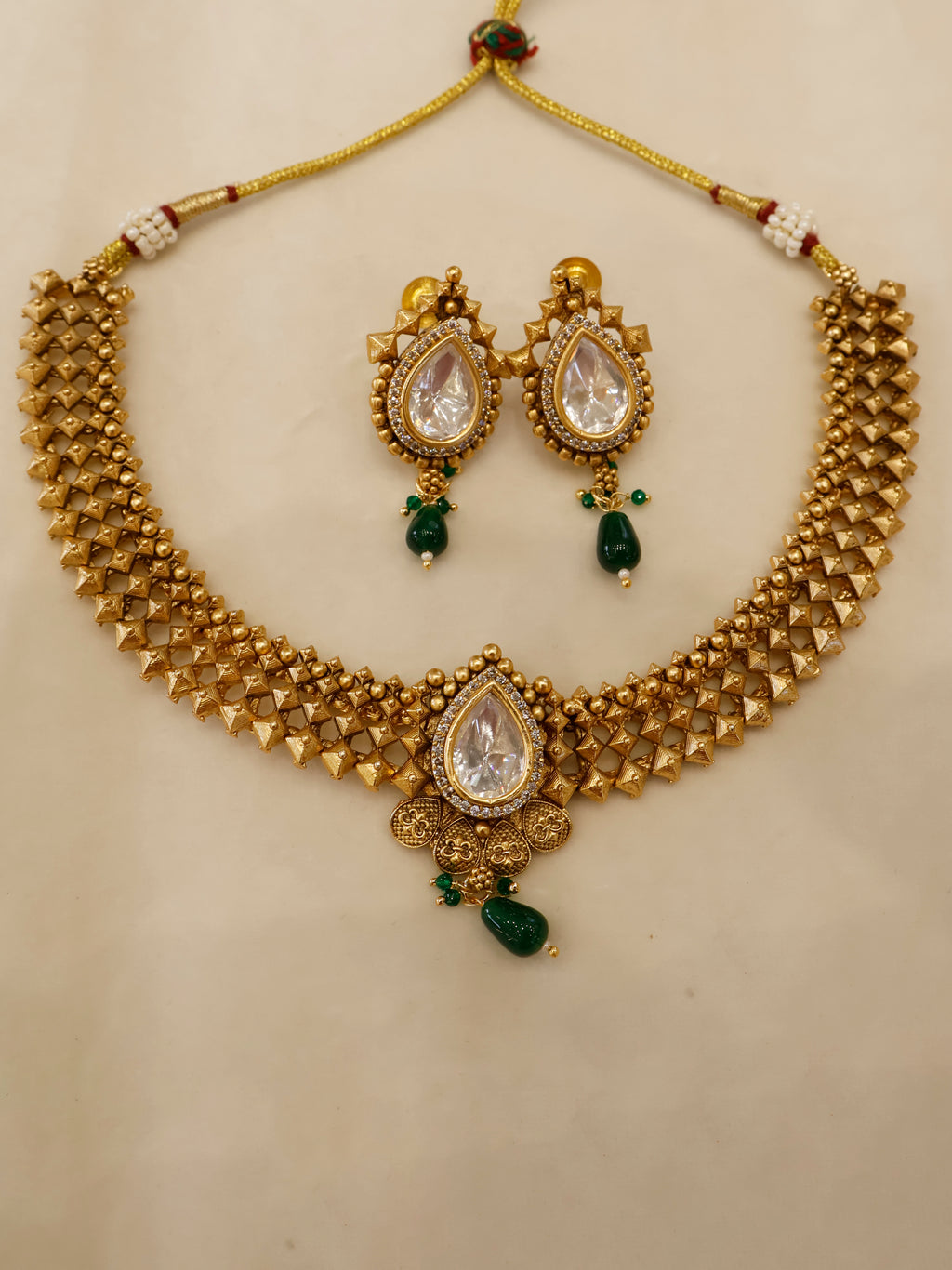 Aanura Antique Pearl Drop Kundan Choker Necklace Set