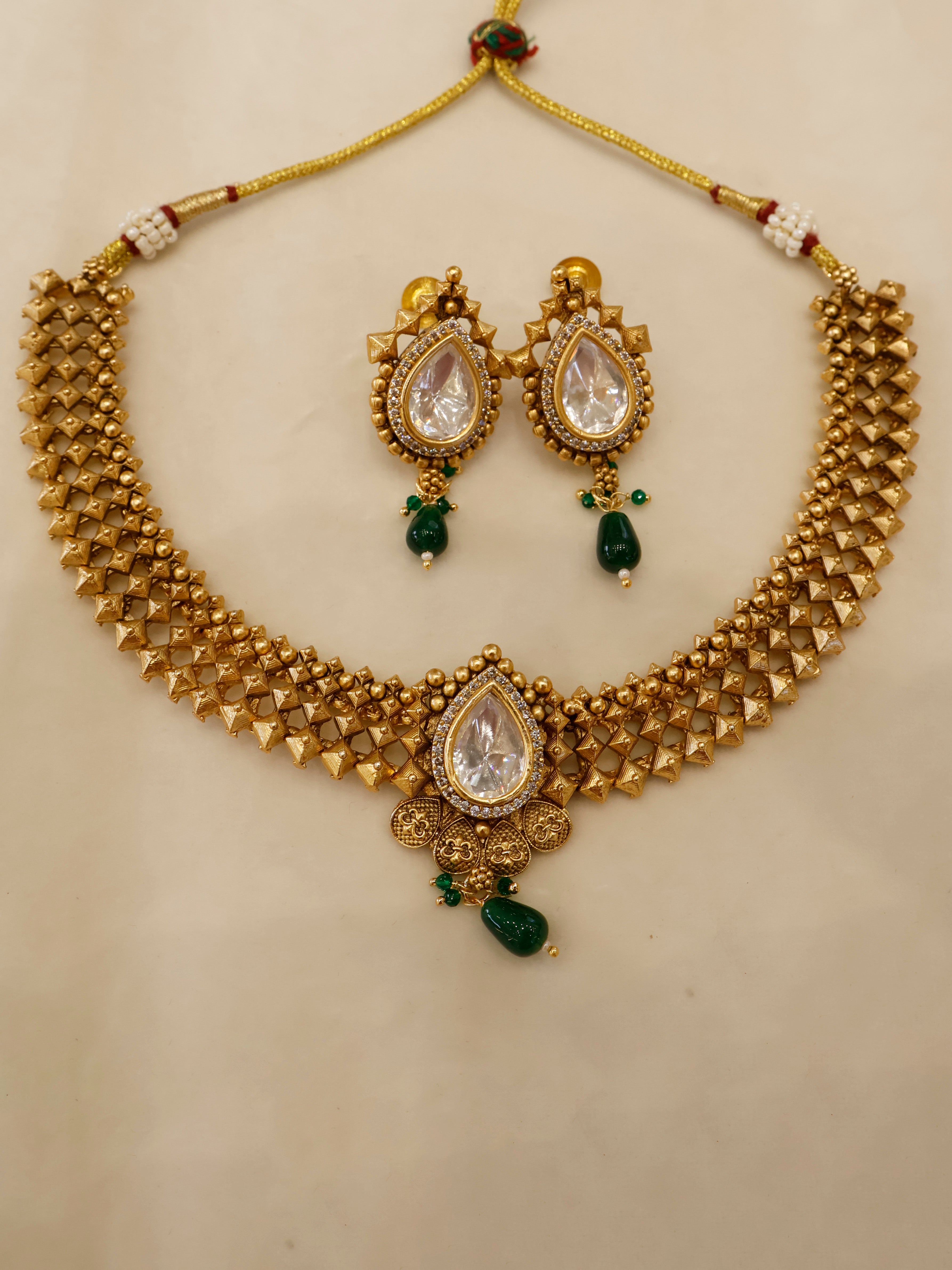 Aanura Antique Pearl Drop Kundan Choker Necklace Set