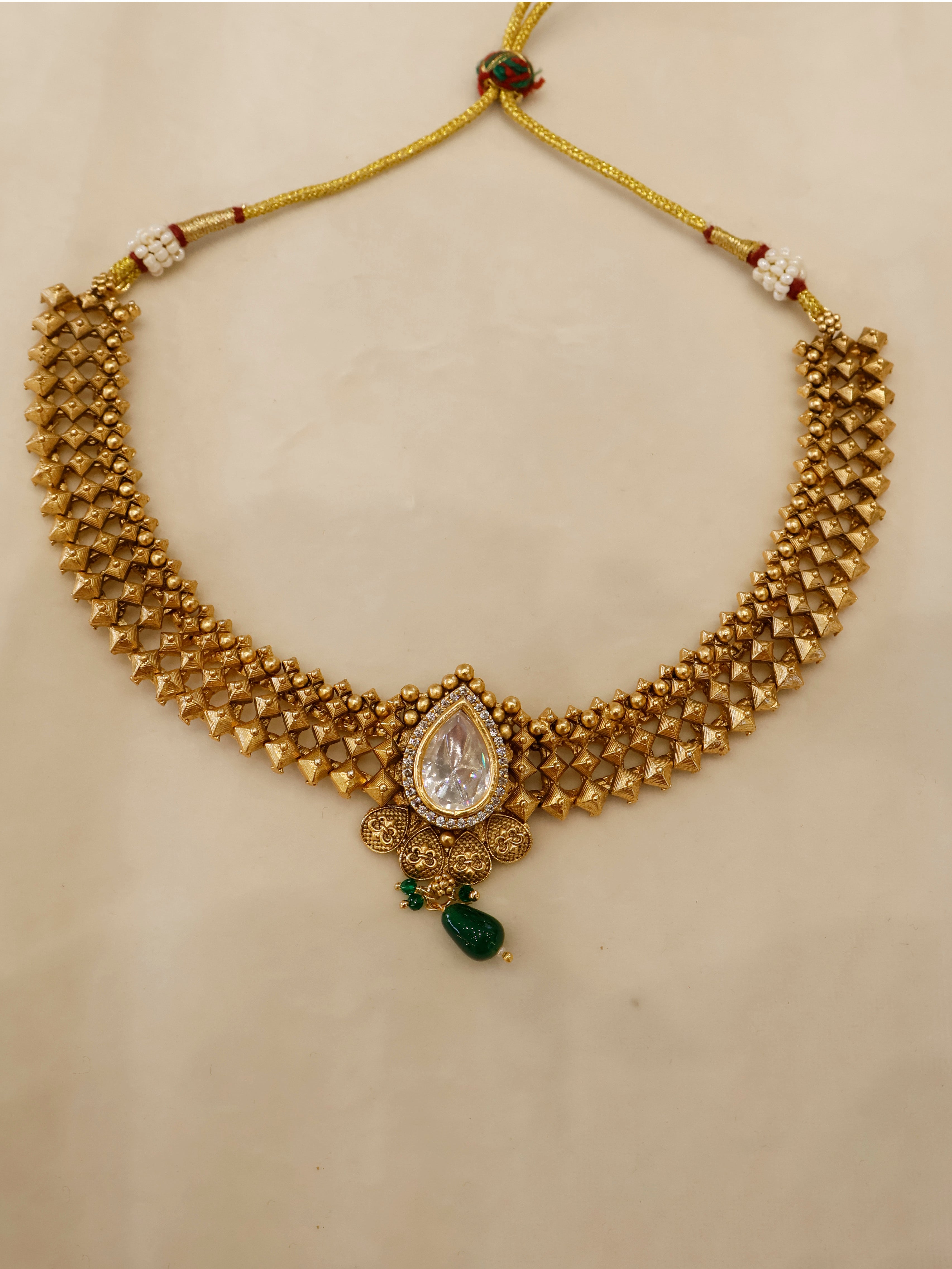 Aanura Antique Pearl Drop Kundan Choker Necklace Set