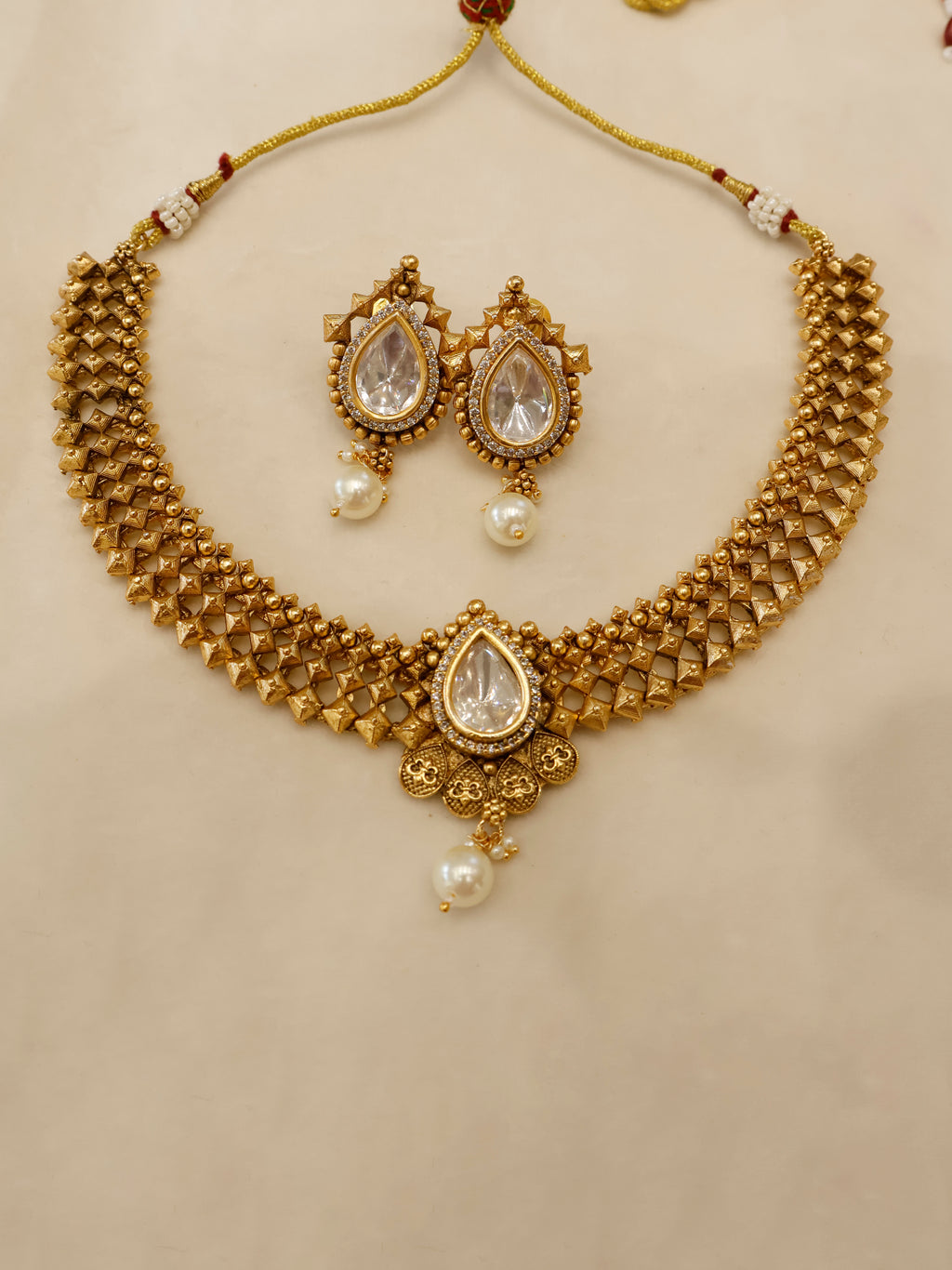 Aanura Antique Pearl Drop Kundan Choker Necklace Set
