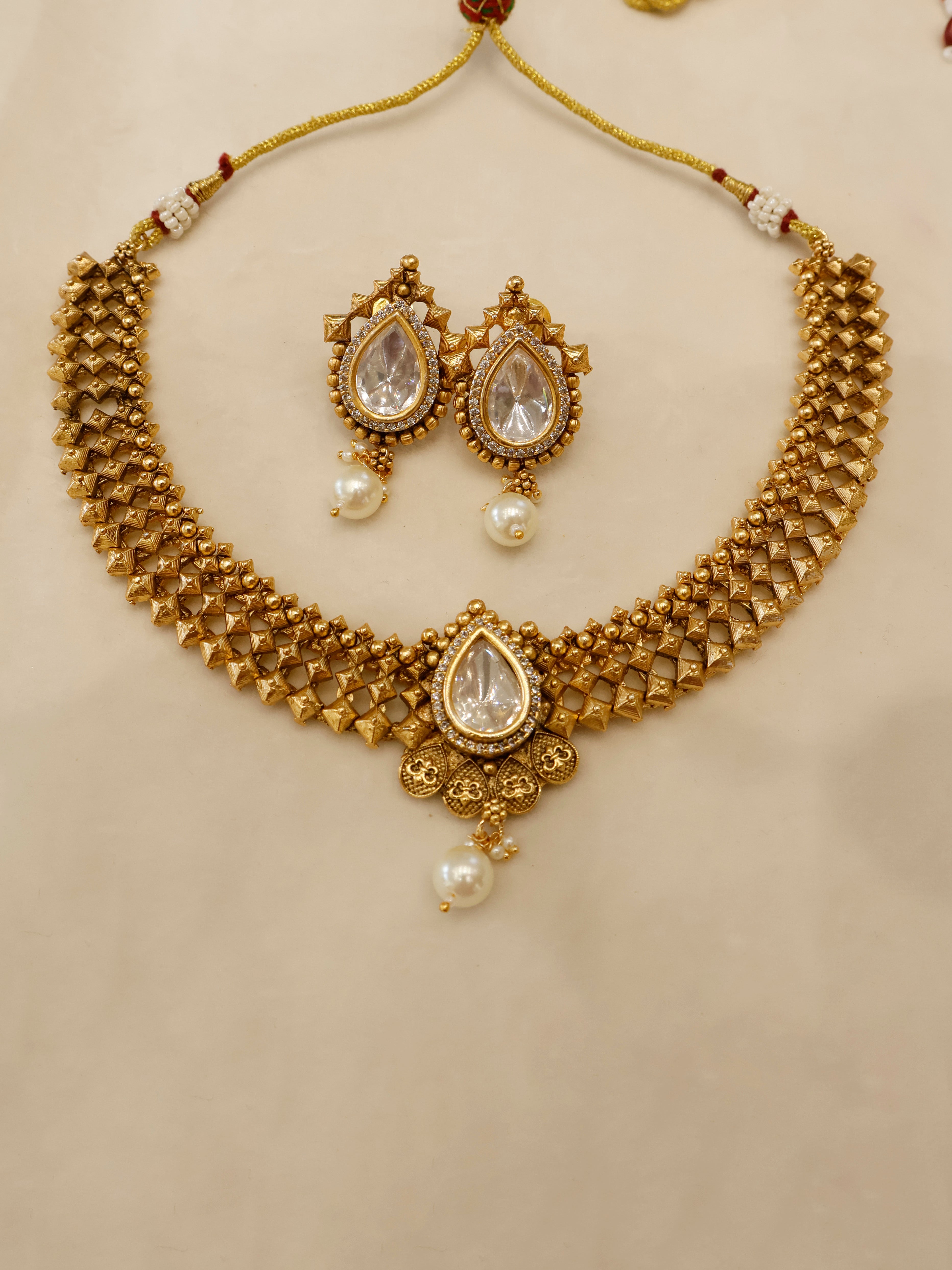 Aanura Antique Pearl Drop Kundan Choker Necklace Set