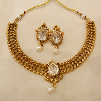 Aanura Antique Pearl Drop Kundan Choker Necklace Set