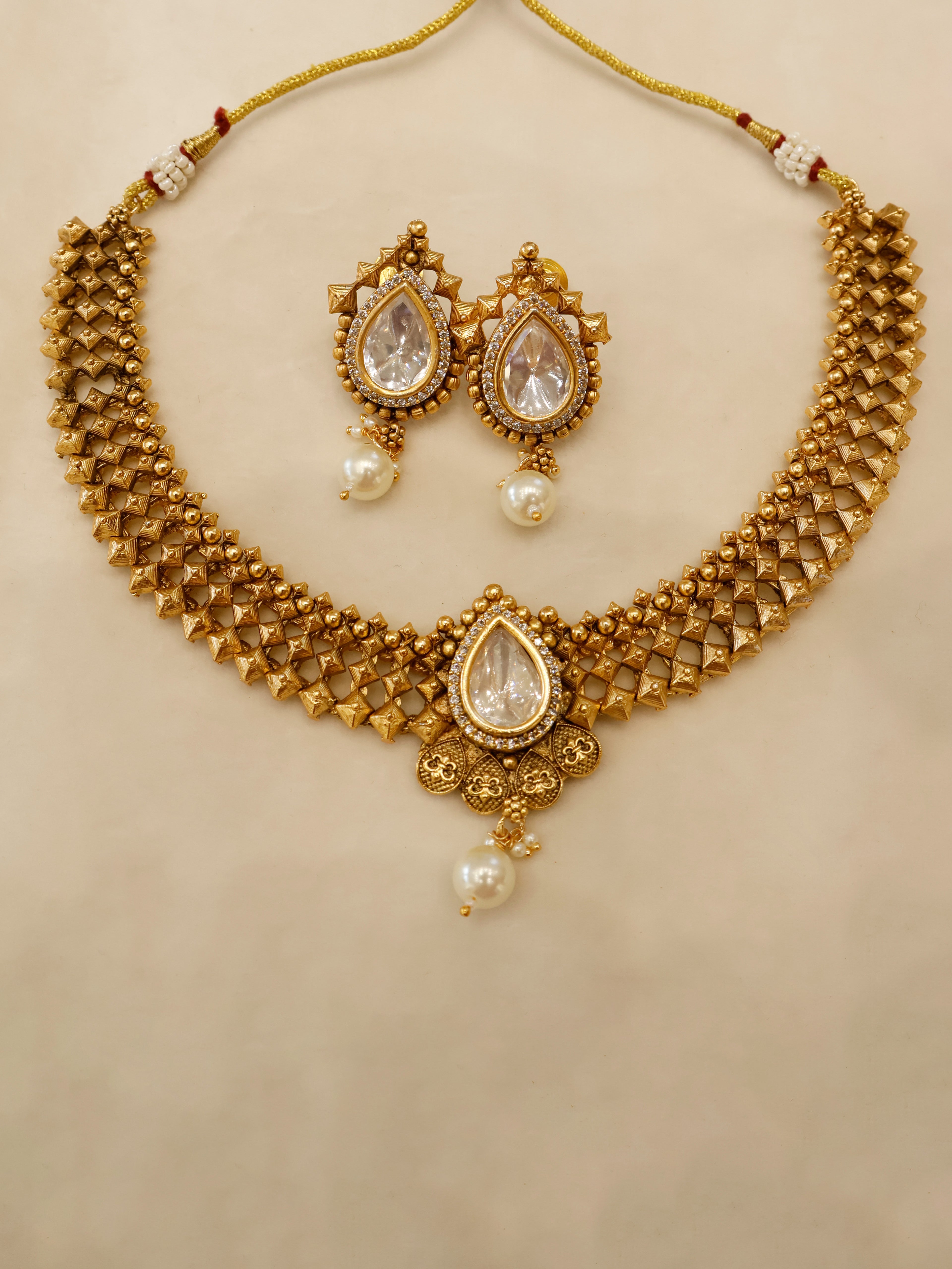 Aanura Antique Pearl Drop Kundan Choker Necklace Set