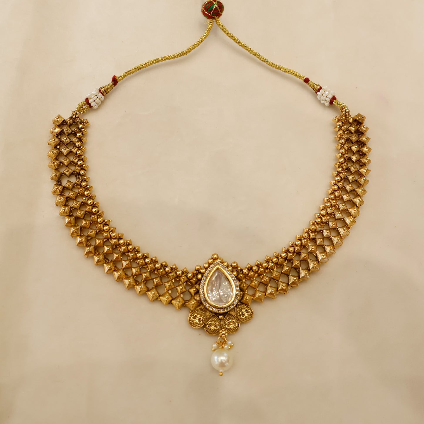 Aanura Antique Pearl Drop Kundan Choker Necklace Set