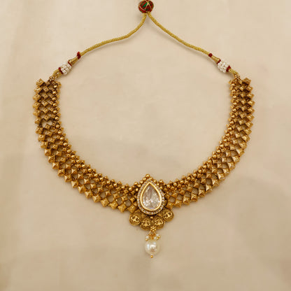 Aanura Antique Pearl Drop Kundan Choker Necklace Set